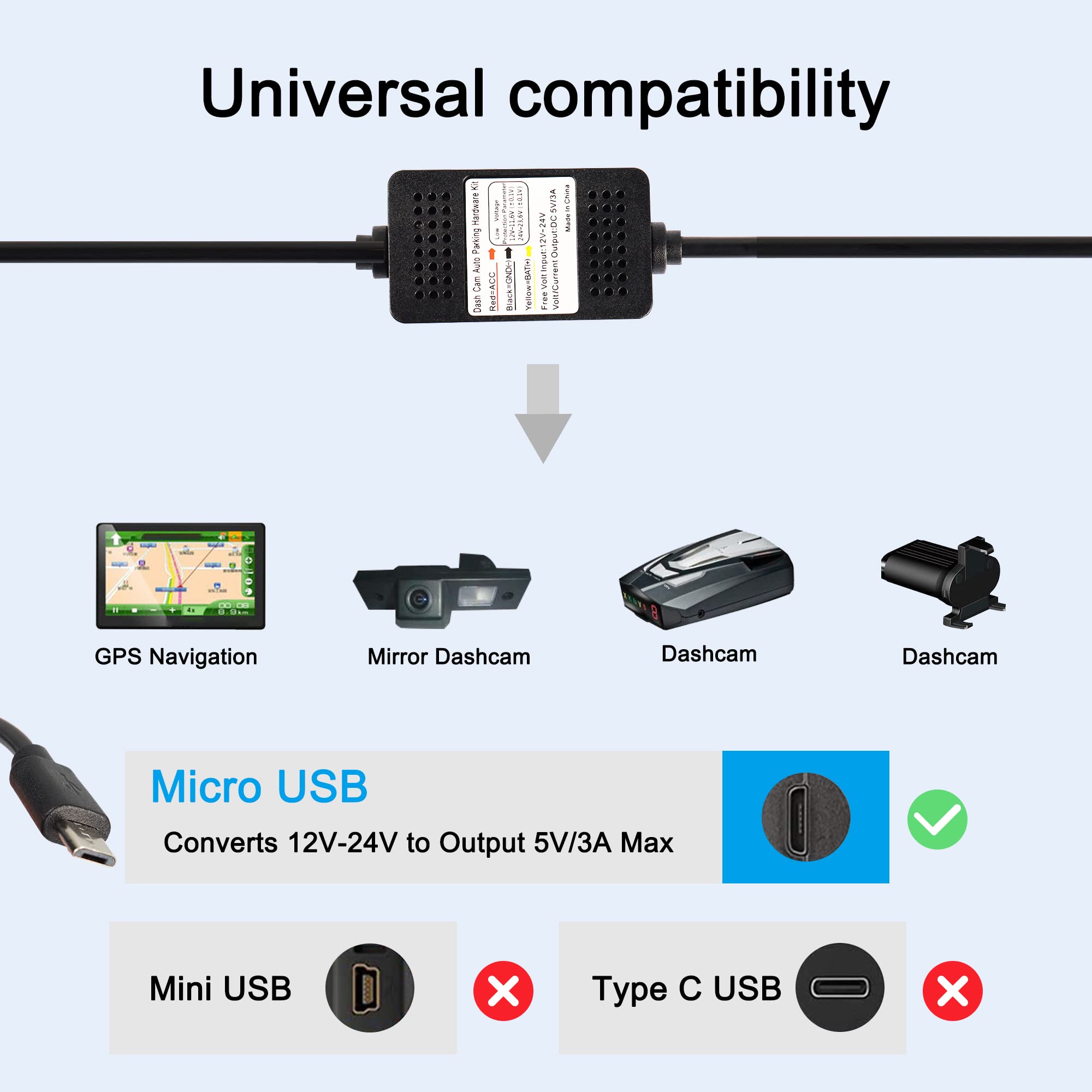 Meiriyfa Dash Cam Acc Hardwire Kit, Micro Usb Hardwire Dashcam Kit Step Down Cable, 12V 24V To Dc 5V 3A Car Dash Charger Power Cord For Cars Camera Gps(11.5Ft)