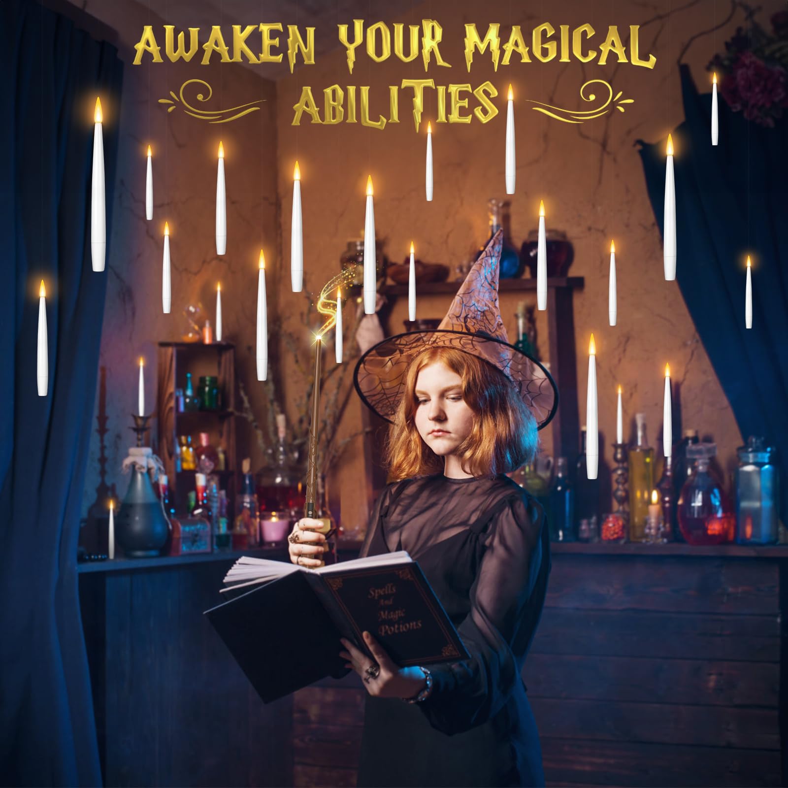 Tlpuhu Floating Candles With Wand 20Pcs   Halloween Decorations, Magic Hanging Candles With String Flickering Warm Light Led Fla