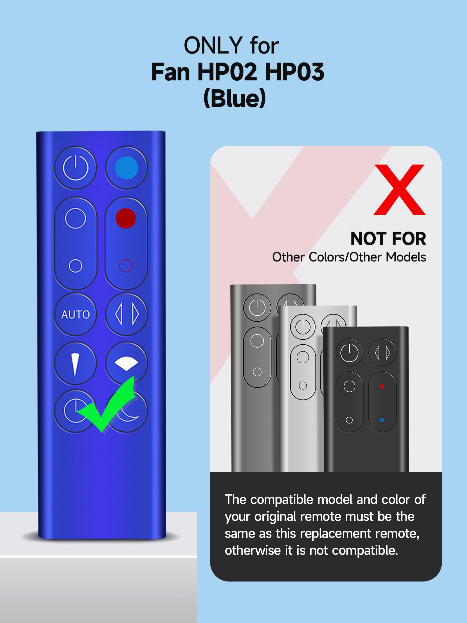 Hzime Replacement Remote Control Compatible For Dyson Hp03 Hp02 Hot + Cool Air Purifier Heater Fan (Blue Color With Battery)