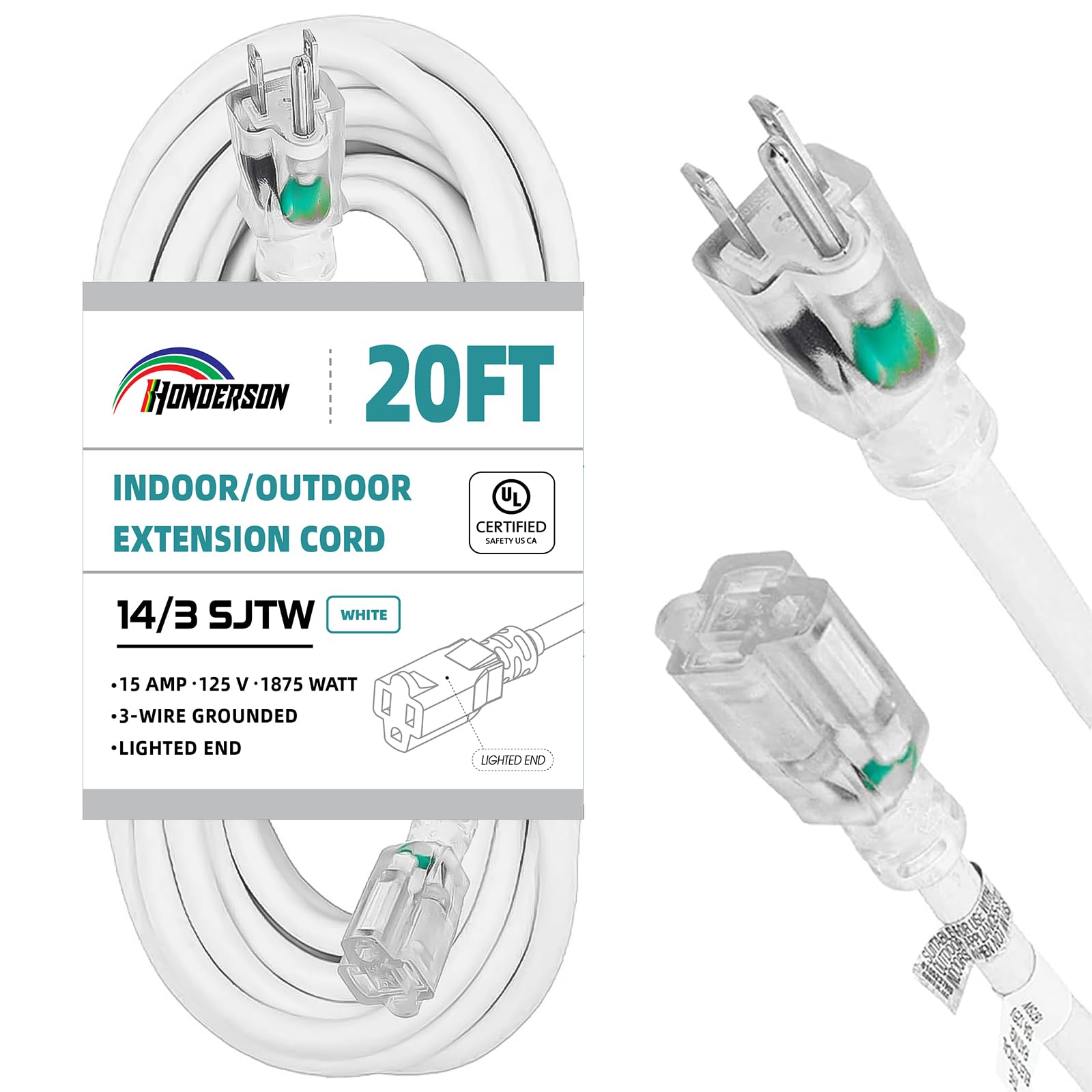 Honderson Indoor Outdoor Extension Cord Weatherproof With Lighted End, Ul Listed, 14 Gauge 20Ft White 3 Prong Heavy Duty Extensi