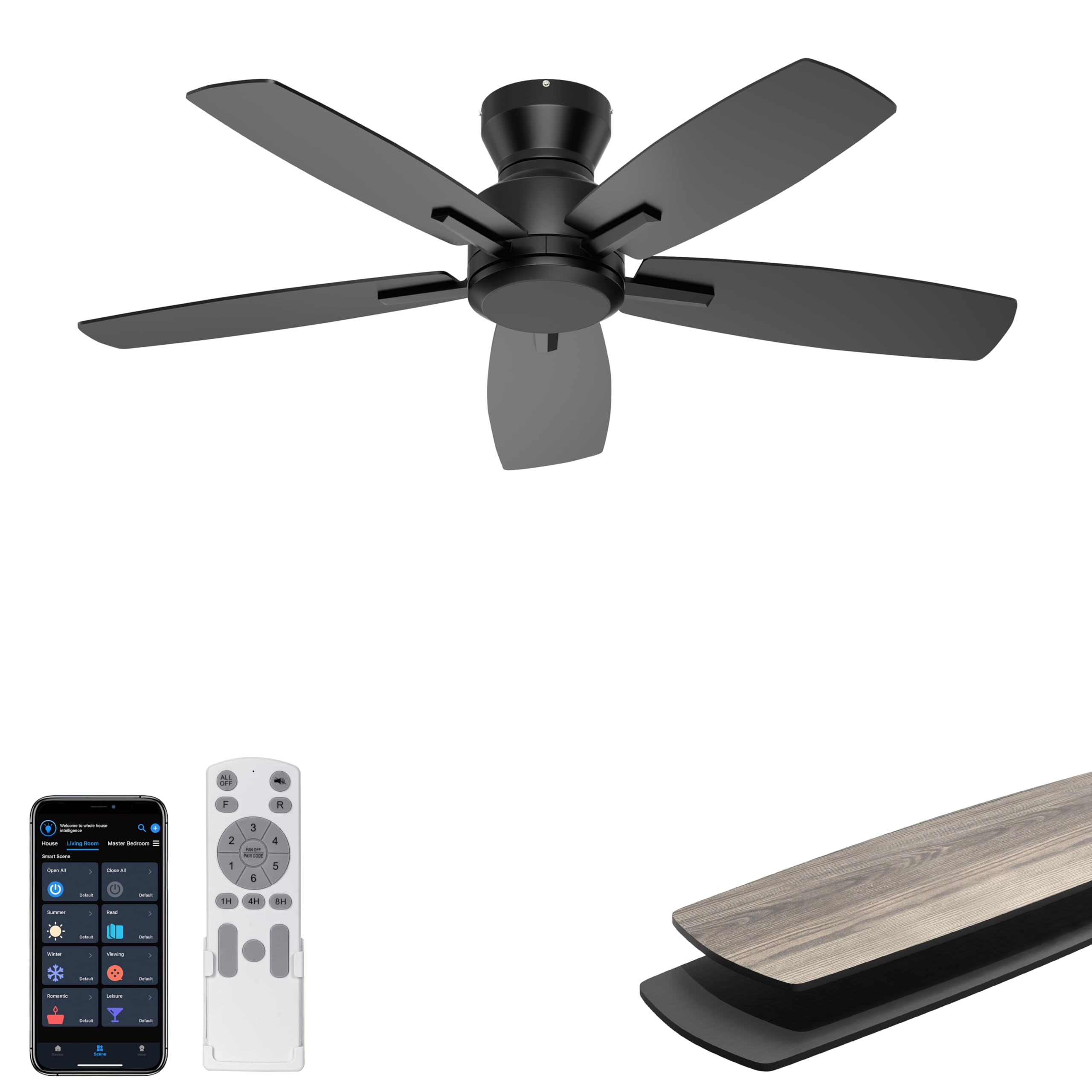 Ohniyou 42 Inch Ceiling Fan No Light, Low Profile Ceiling Fan with Remote and App Control, Flush Mount Ceiling Fan without Light