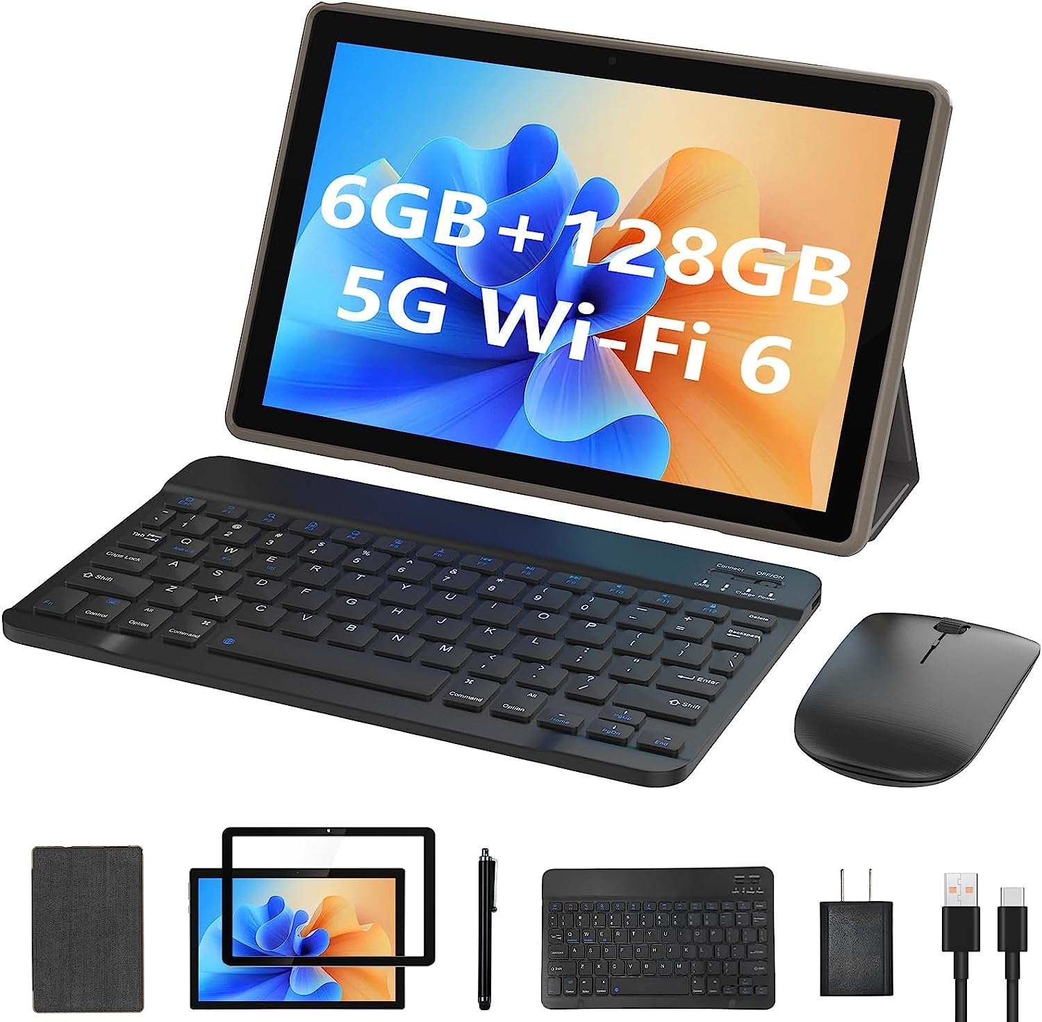 Tablet 2 In 1 6Gb+128Gb Android 11 Tablets, 10.1 Inch Tablet With Keyboard Mouse Case Stylus, 2.4G/5G Wifi 6, 1.8Ghz Computer Ta