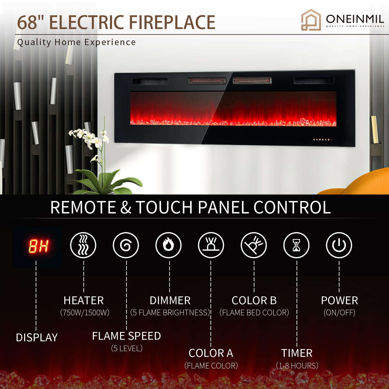 Oneinmil Electric Fireplace, 68 Inch Wide Recessed/Wall Mounted Electric Fireplace, Remote Control With Timer 12 Adjustable Colo