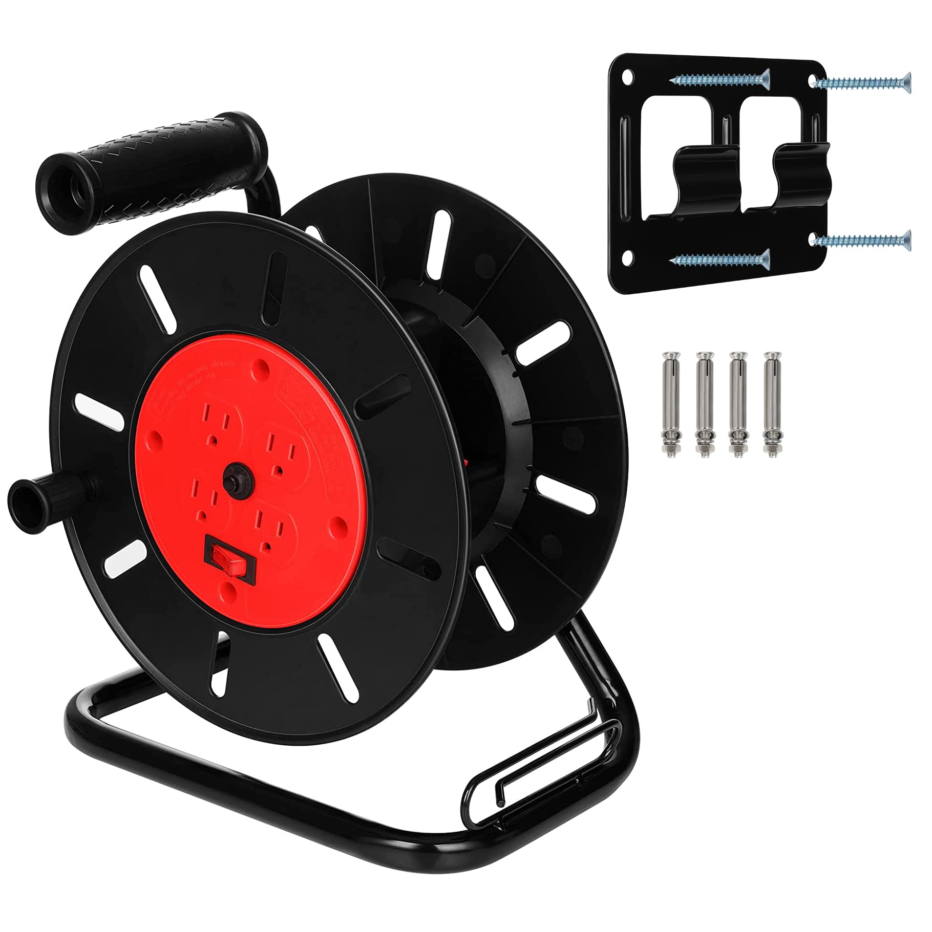 Suraielec Extension Cord Reel, 15 Amp Circuit Breaker, Multiple Outlets, Holds 100 Ft 16/3, 14/3 Or 75Ft 12/3 Cord, Portable Emp