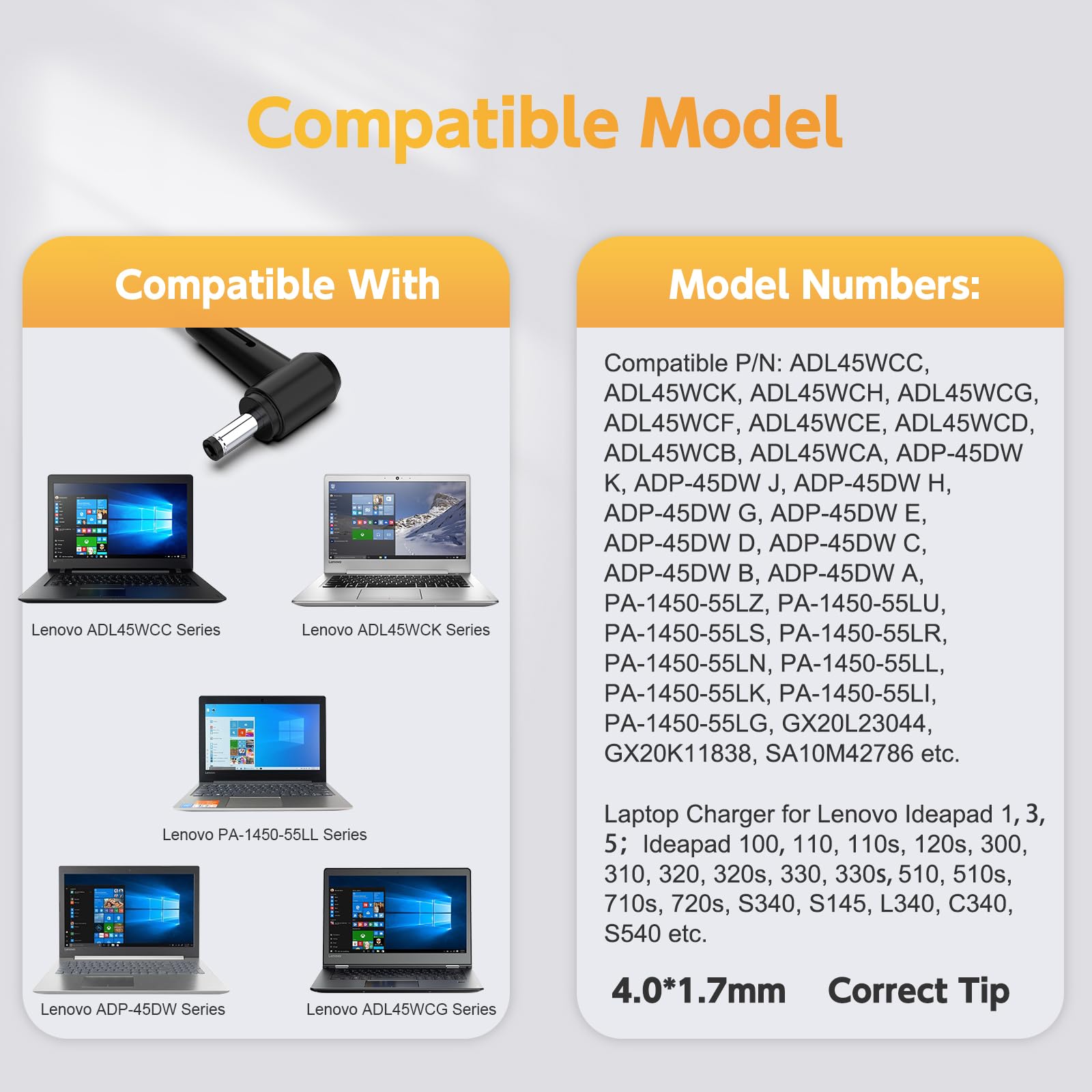 45W Laptop Charger For Lenovo Adl45Wcc, Pa 1450 55Ll, Adl45Wcg, Adl45Wcd, Adp 45Dw B, Gx20L23044, Gx20K11838; Lenovo Ideapad 1 3 5, Ideapad 330 330S 320 320S, Flex 4 5 6 Series Power Supply