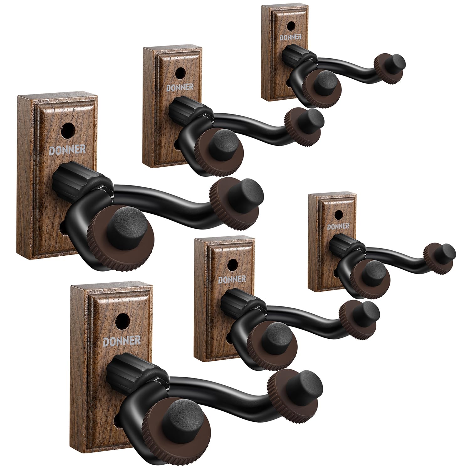 Donner Guitar Wall Mount Hanger 6 Pack, Black Walnut Guitar Wall Holder For Acoustic Electric Guitars, Bass, Folk Ukulele, Violi