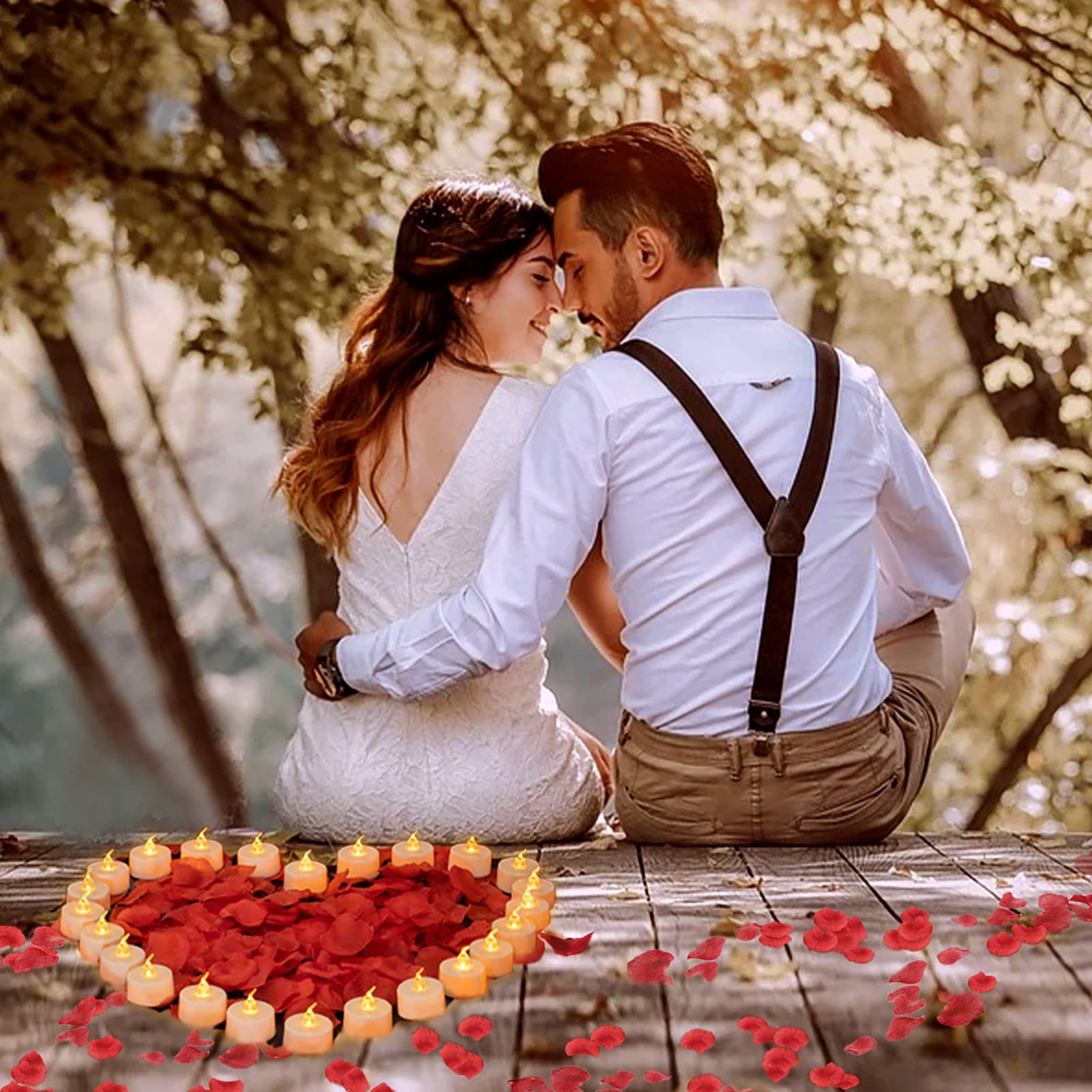 Lanker 500Pcs Red Artificial Rose Petals With 24Pcs Flickering Amber Yellow Flameless Tea Lights Candles (Amber Yellow Lights Wi