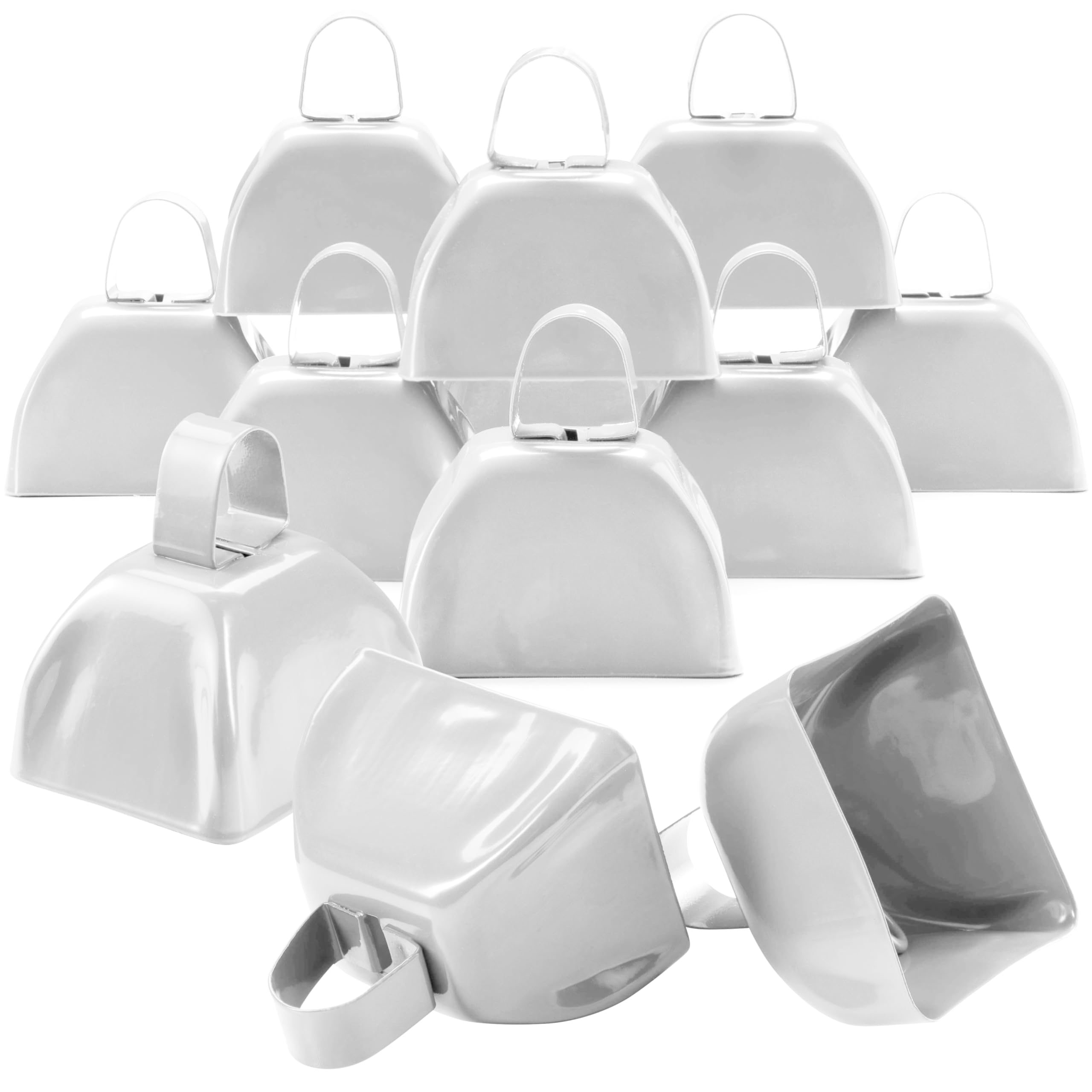 Metal Cowbells   White 3 Inch Cow Bells Noise Makers, Loud Call Bell With Handles For Sporting Events, Cheering, Team Spirit, No
