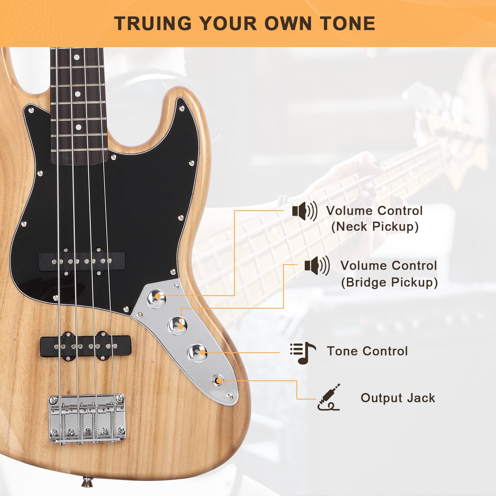 Glarry 4 String Gjazz Electric Bass Guitar Full Size Right Handed With Guitar Bag, Amp Cord And Beginner Kits (Burly Wood)