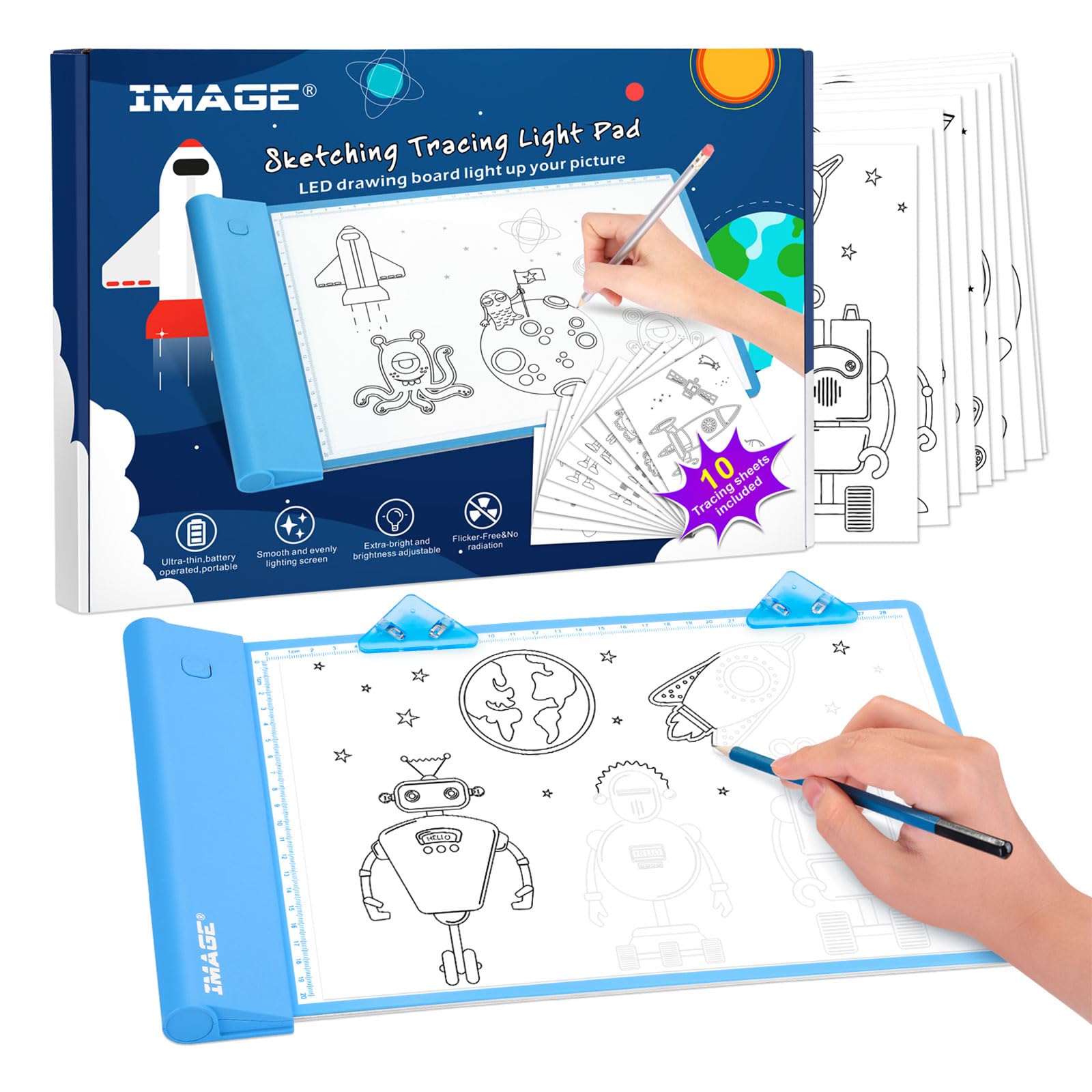 IMAGE Light Up Tracing Pad Blue Drawing Tablet Coloring Board for Kids Children Gift for Boys Girls (Includes 10 Traceable Sheet
