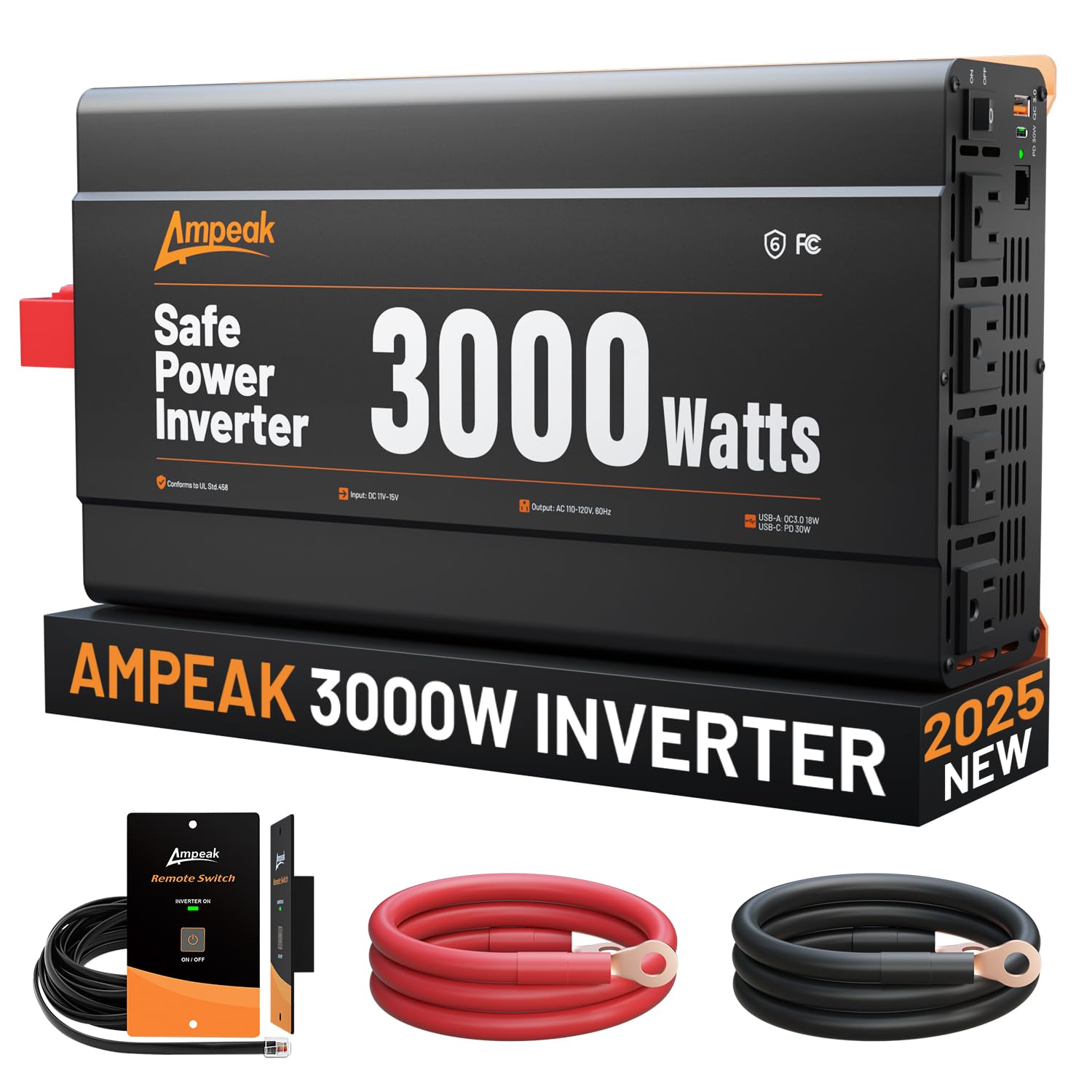 Ampeak 3000W Power Inverter, Inverter 12V to 110V Modified Sine Wave, High Conversion Efficiency 89%,USB Port 18W PD 30W, 4 AC O