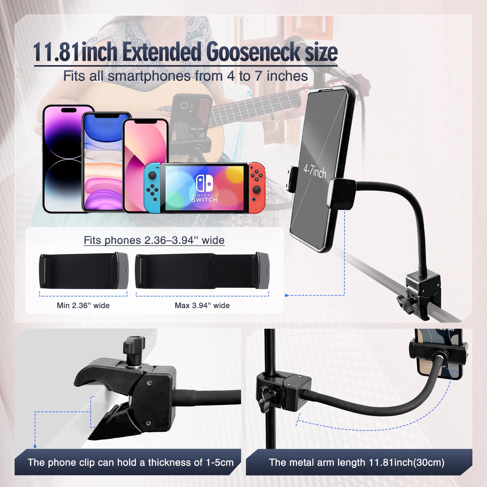 Clip Phone Holder For Desk,Pole,Pipe,Boom,Flat Surface With Adjustable Aluminium Arm Phone Clamp Mount For Mic Stand,Treadmill C