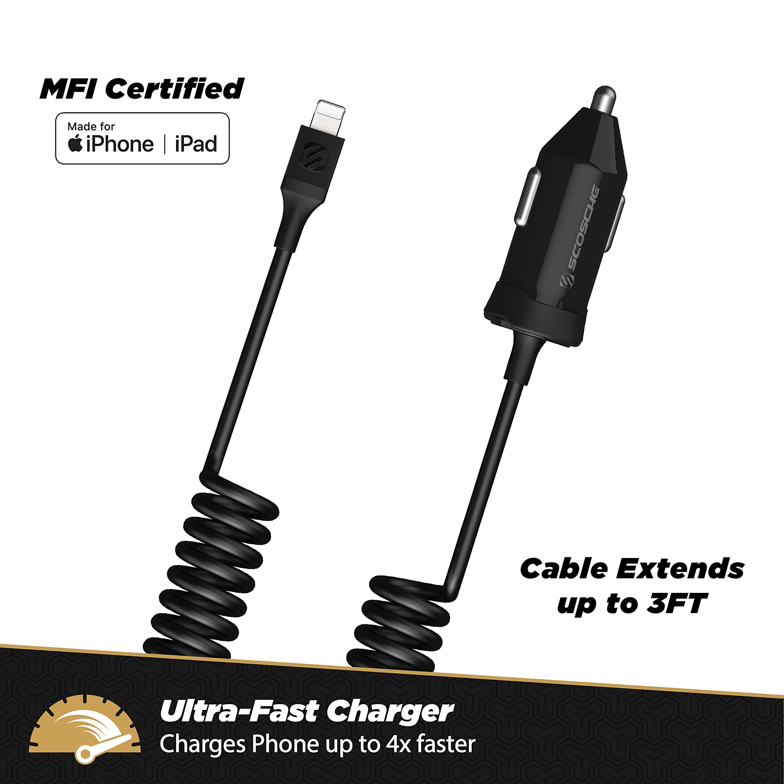 Scosche CPDi4203 PowerVolt 20 Watt MFi Certified Fast Car Charger Power Delivery 3.0 with Attached 4 Foot Adjustable Coiled Lightning Cable for All Lightning Devices
