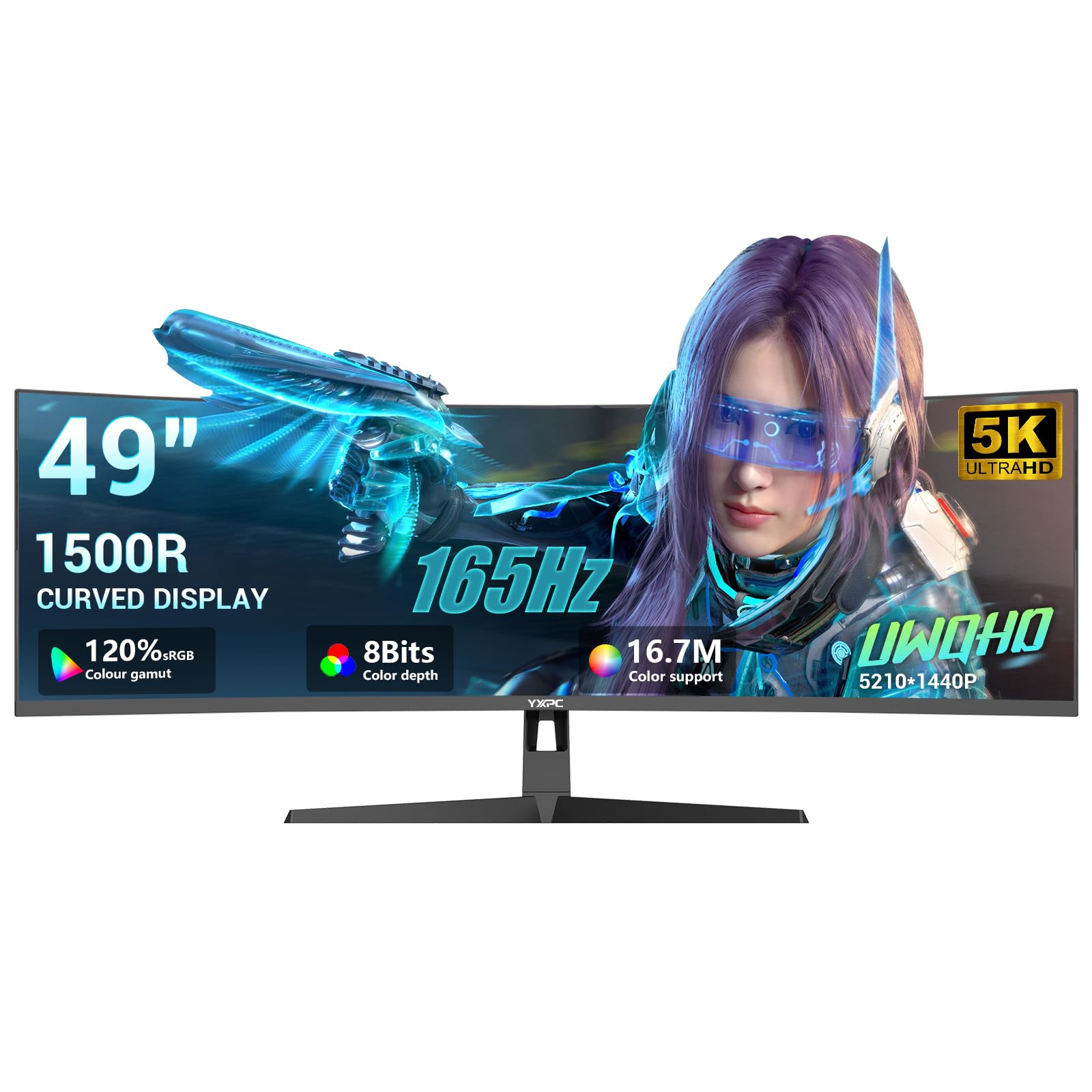 YXPC 49 inch Curved Ultrawide Gaming Monitor DQHD 5120x1440 165Hz 32:9 1500R 120% sRGB FreeSync,HDR10,PIP/PBP,1ms MPRT,Eye Care,