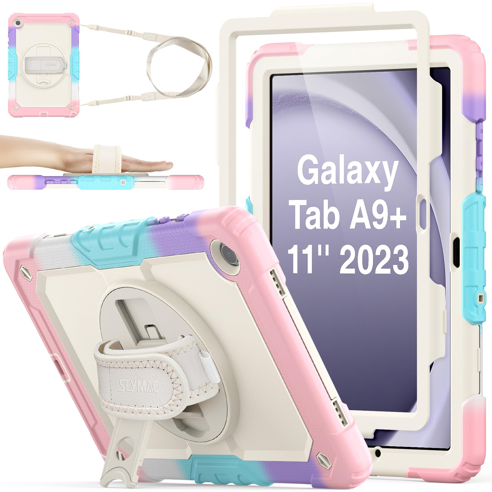 Seymac Stock 360 Hand Strap Shockproof Case For Samsung Galaxy Tab A9 Plus 11 Inch, Yellowish+Pink