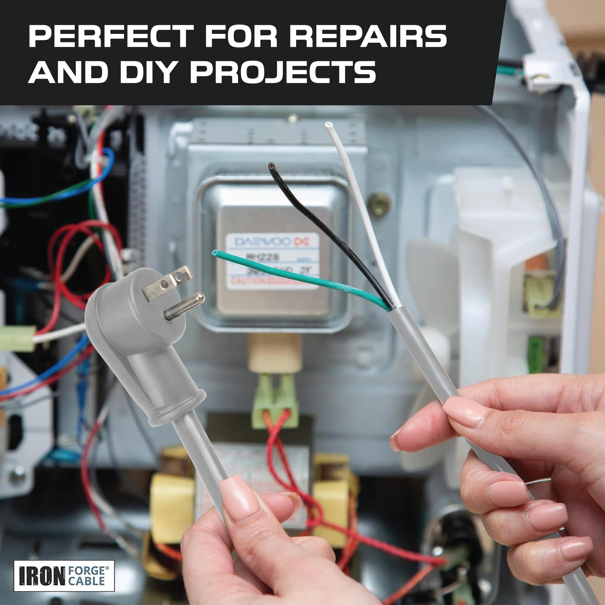 Iron Forge Cable Flat Plug Replacement Power Cable With Open End   12/3 10 Ft Gray Appliance Extension Cord 15 Amp, 12 Awg Power