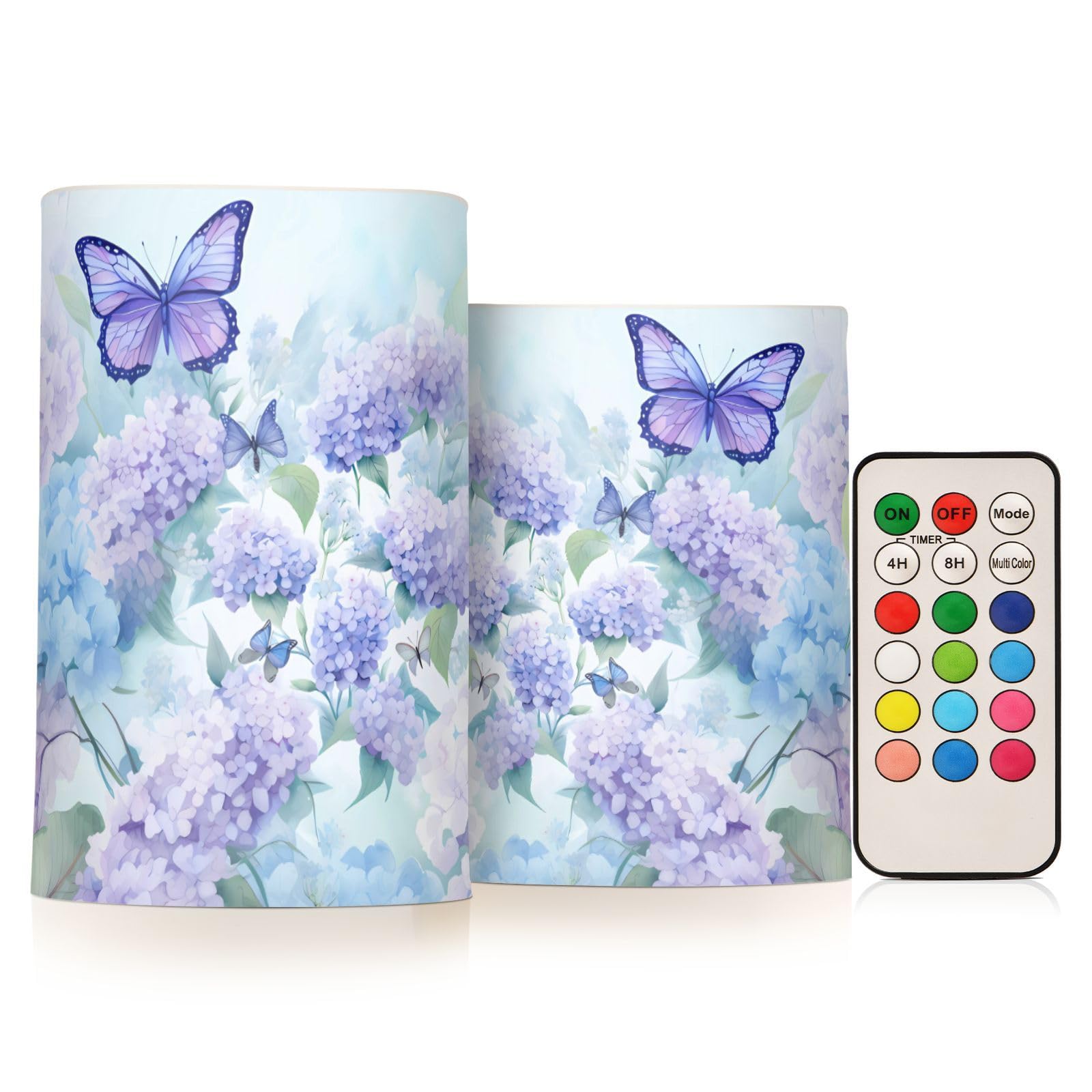 ALAZA Blue Hydrangea Flowers with Butterflies Flickering Flameless Candles Battery Operated with Remote Timer,Tea Light Candles 