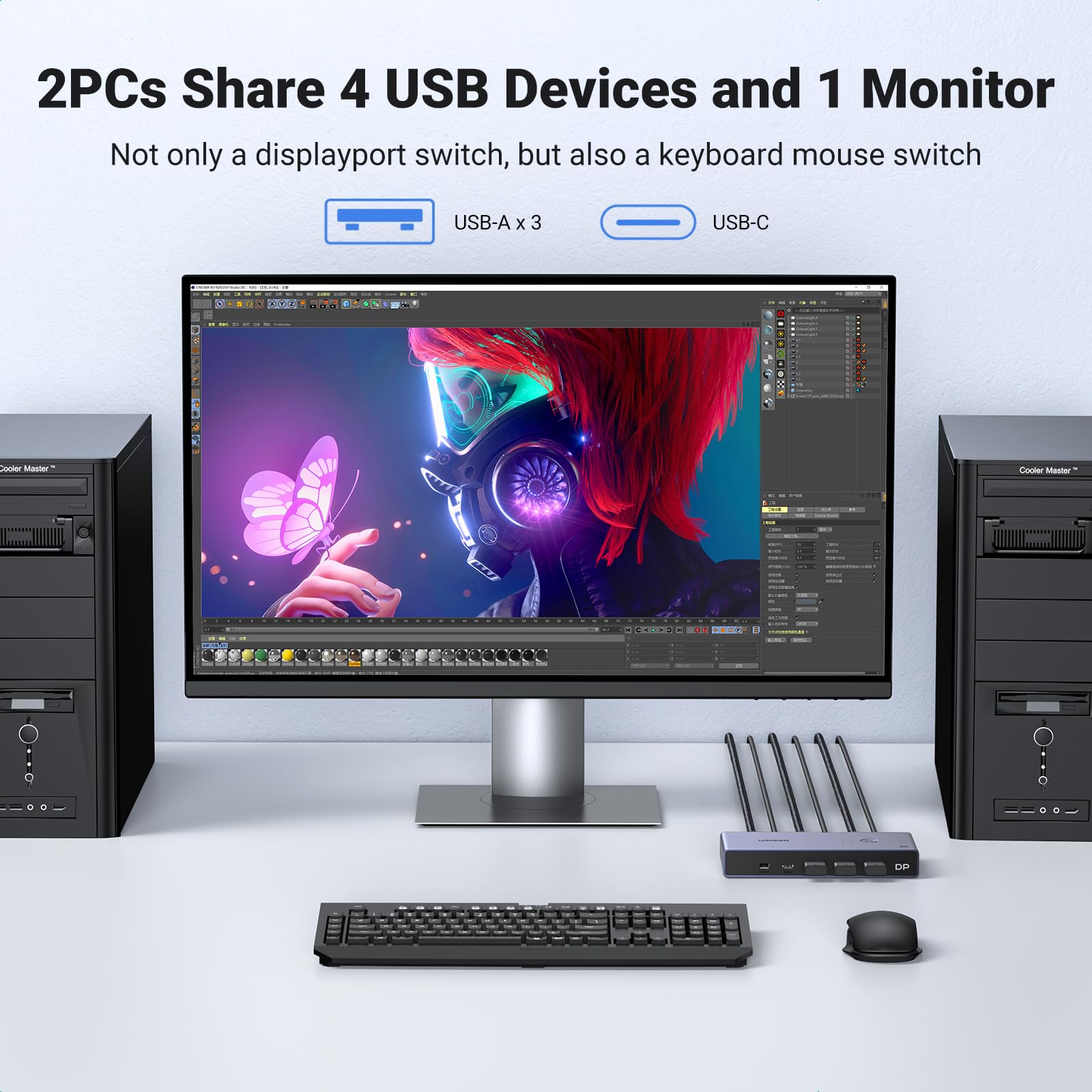 Ugreen 8K Displayport Kvm Switch Dp 1.4 With 4 Usb 3.0 Ports (3 Usb A + 1 Usb C) Support 8K@60Hz 4K@240Hz Share 1 Monitor Keyboa