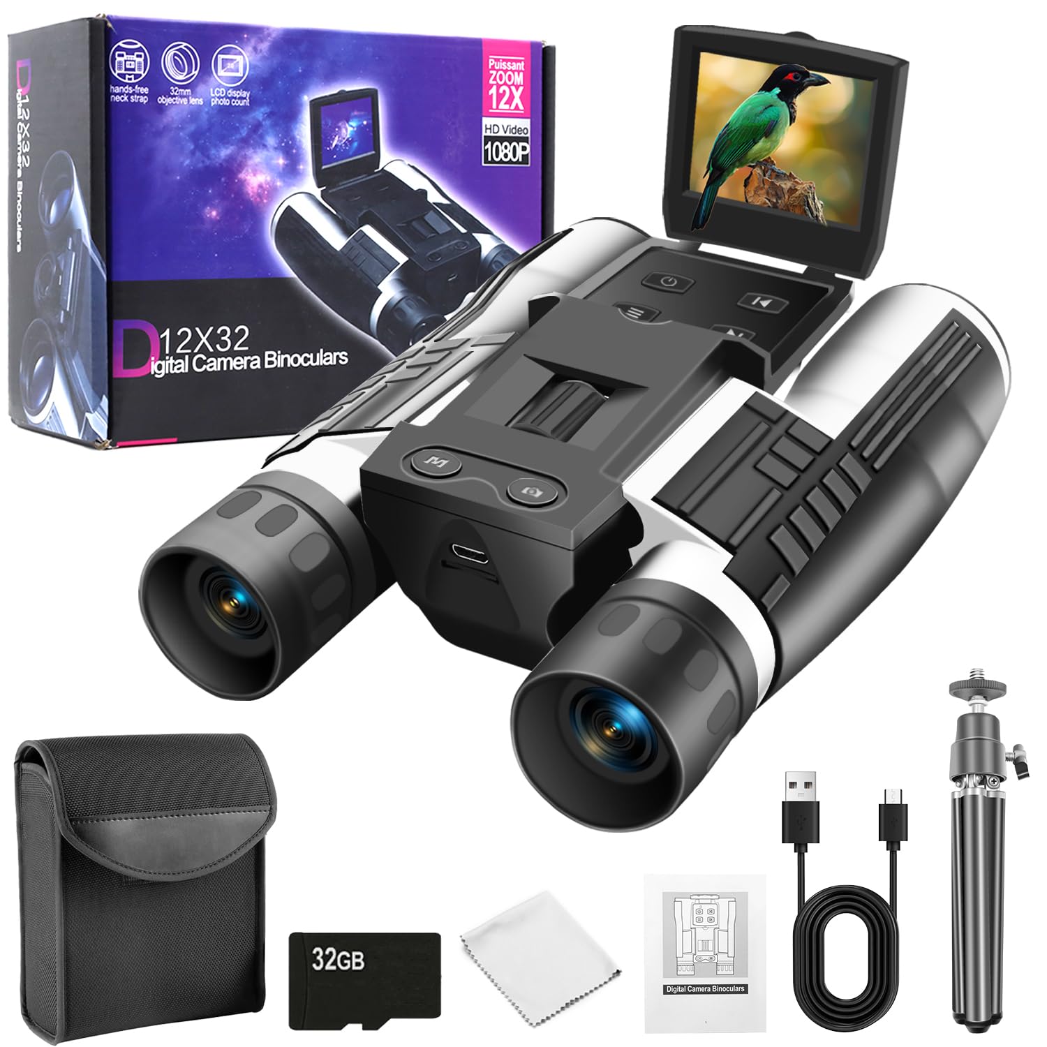 12x32 Binoculars for Adults, Digital Binoculars with Camera 5MP Photo Full HD Video 2 LCD Display Screen with 32GB Micro SD Card