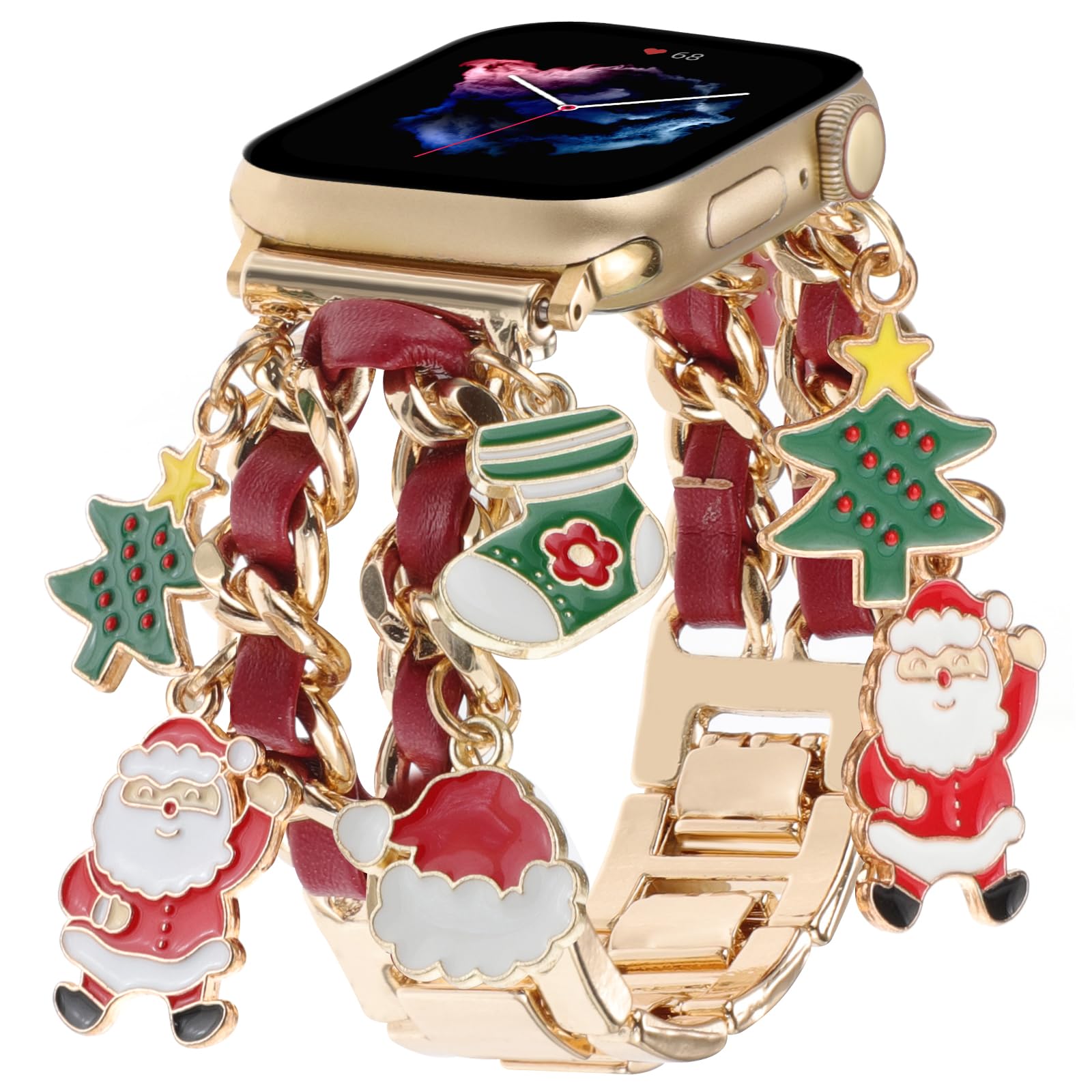 Realsign Stylish Metal Wristband Compatible With Apple Watch Band 42Mm 44Mm 45Mm 49Mm,Cuban Chain With Christmas Tree Santa Clau