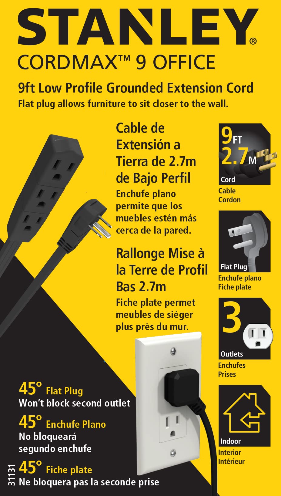 Stanley 31131 Cordmax Office, Grounded 9Ft Low Profile 3 Outlet Indoor Extension Cord, Black