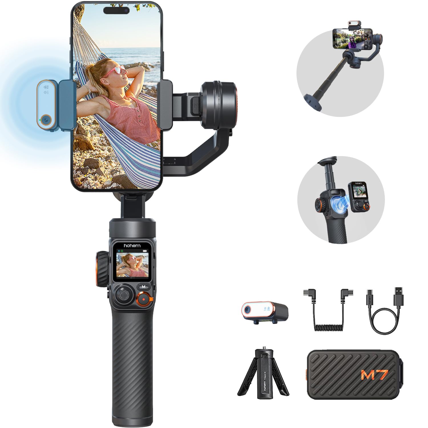 Hohem iSteady M7 Gimbal Stabilizer for Smartphone, Magnetic AI Tracker Fill Light, Detachable Touchscreen Remote Controller, Bui