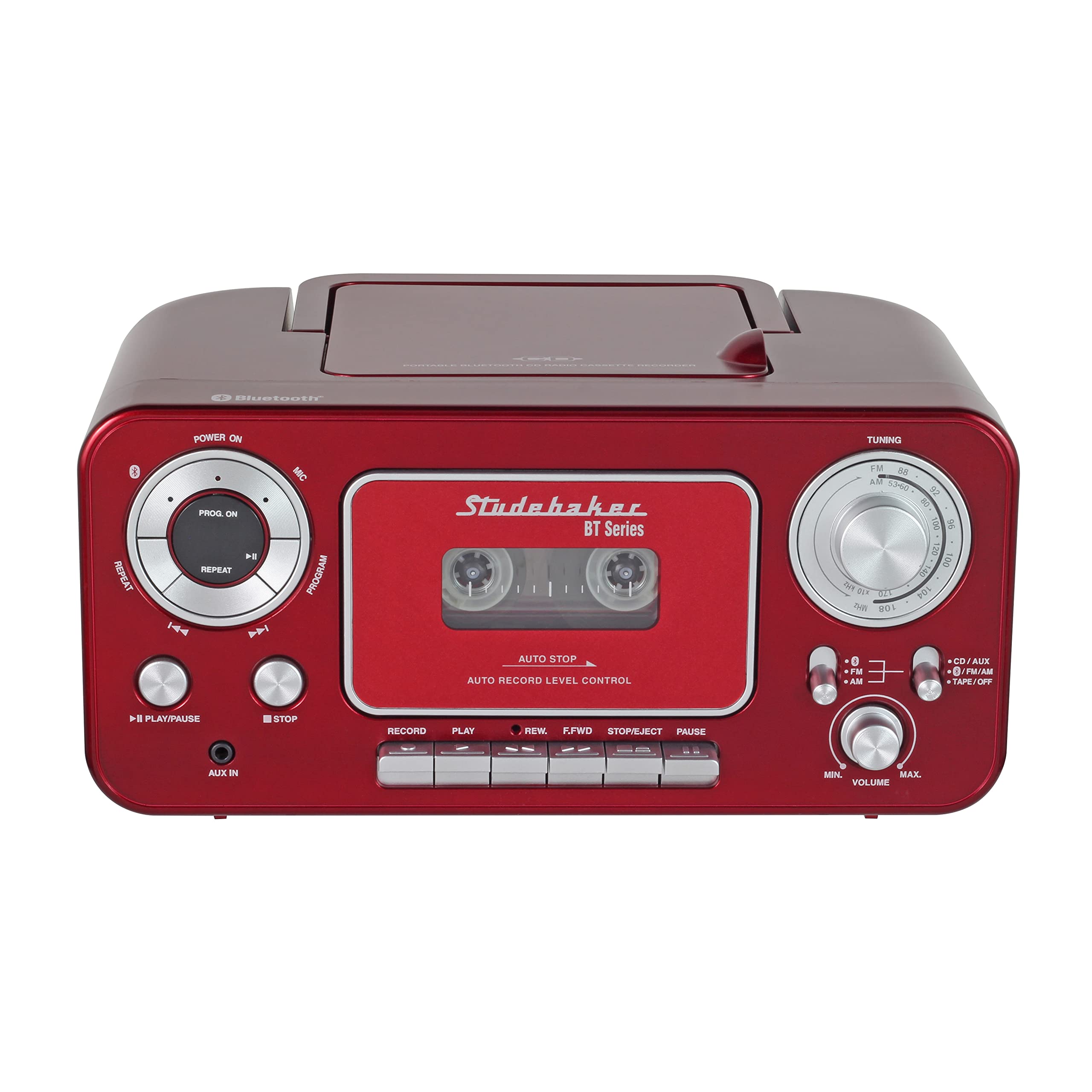 Portable Stereo Cd Player With Bluetooth, Am/Fm Stereo Radio And Cassette Player/Recorder (Red & Silver)