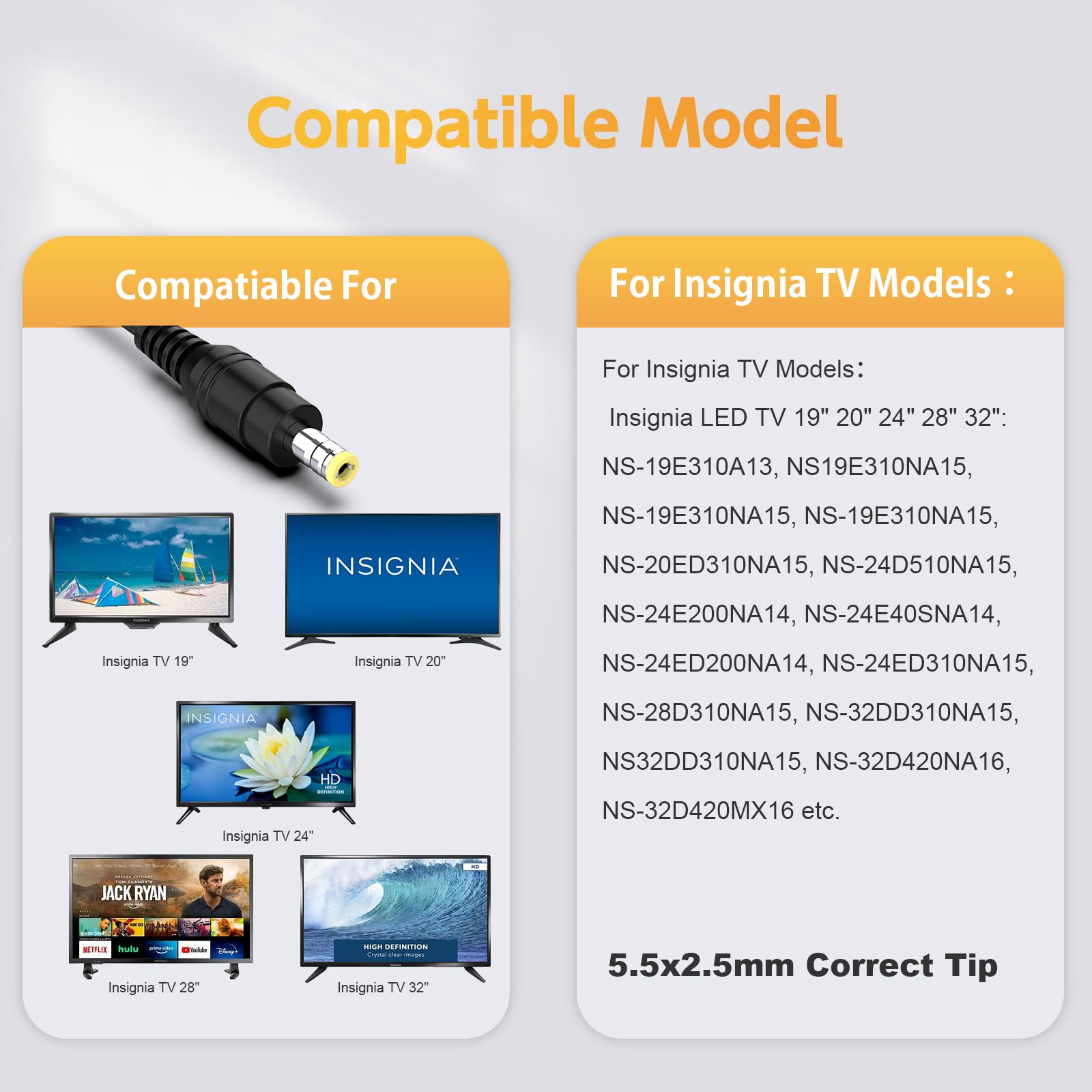 12V Power Cord For Insignia Tv 32' 28' 24' 20' 19', Ns 32D312Na15, Ns 32D312Na19, Ns 32D311Na15, Ns 32D220Na16, Ns 24Ed310Na15, Ns 19E310A13, Ns 24E200Na14, Ns 32D420Na16 Power Supply