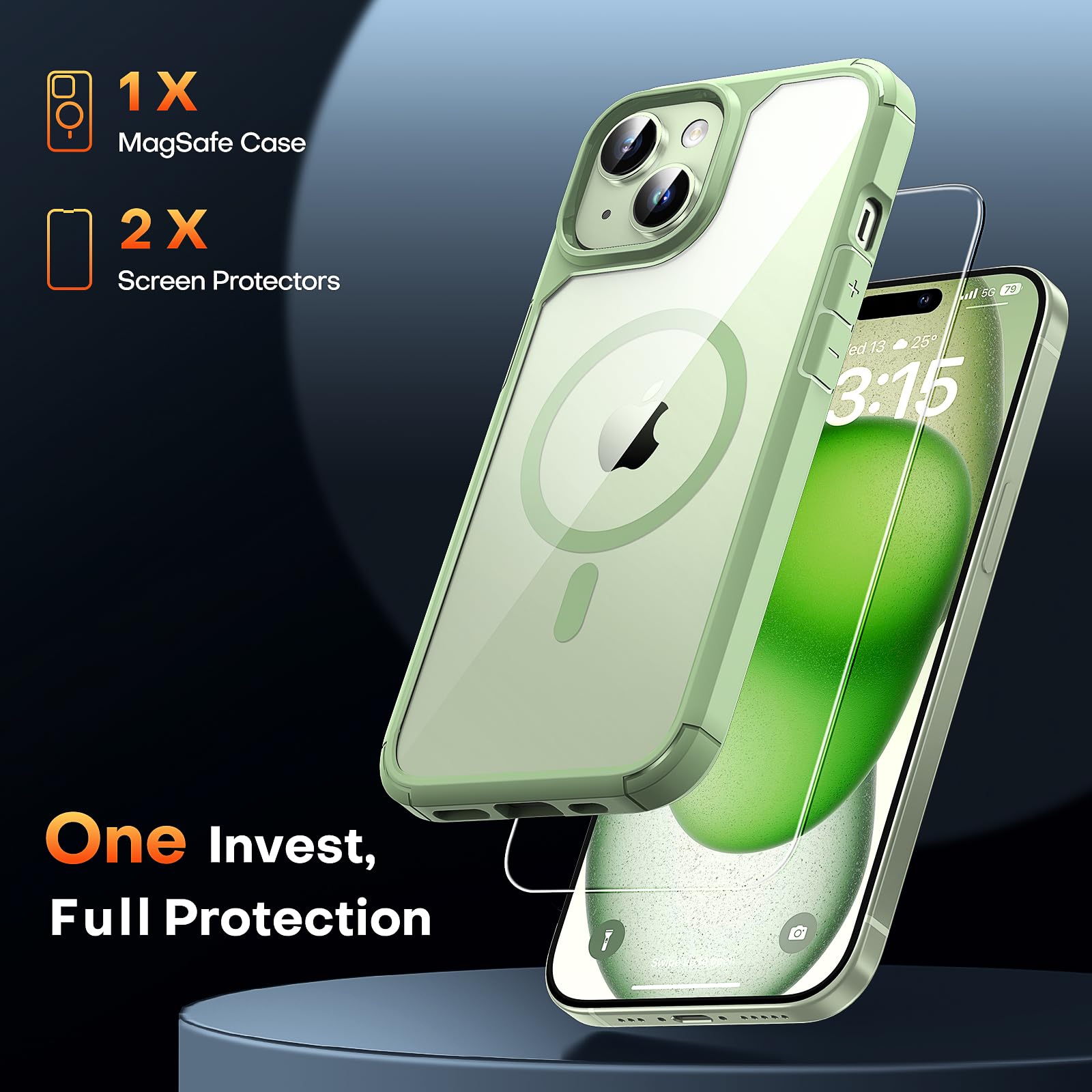 Tauri 3 In 1 Magnetic For Iphone 15 Case Green, [Compatible With Magsafe] [Not Yellowing] With 2X Screen Protector, Slim Shockpr