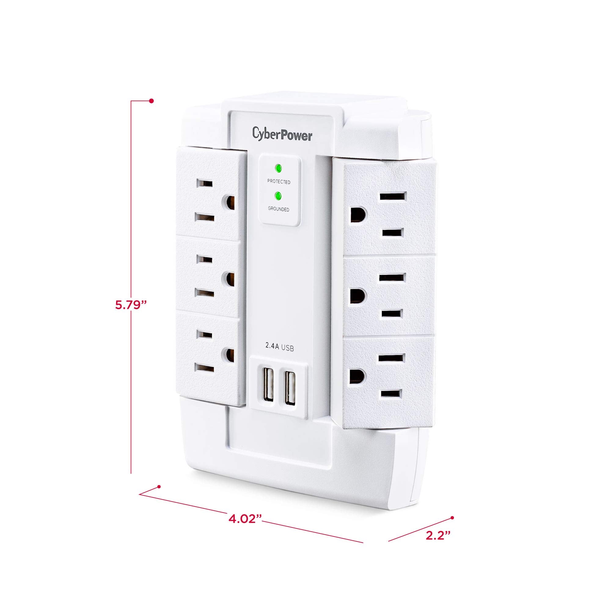Cyberpower Csp600Wsurc2 Surge Protector, 1200J/125V, 6 Swivel Outlets, 2 Usb Charging Ports, Wall Tap Design, White