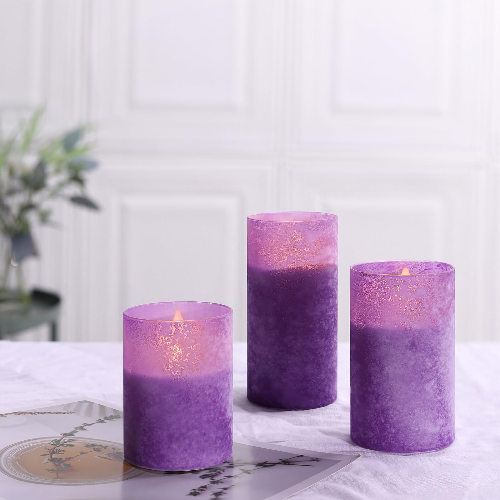 Covege Flickering Flameless Candles With 10 Key Remote And Timer   Set Of 3 Handmade Sandblast Glass Led Pillar Candles, Real Wa