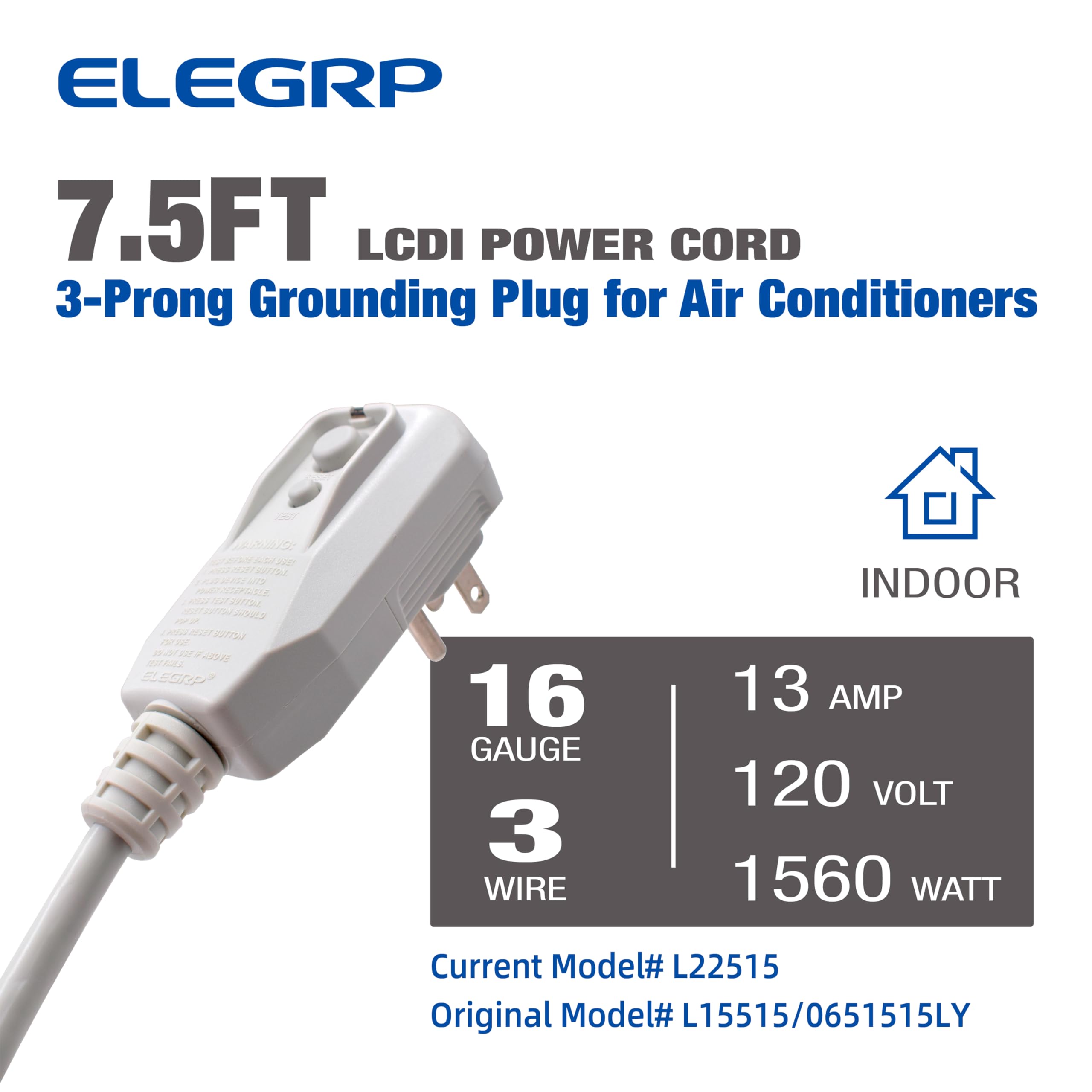 Elegrp 0651513Ly L15515 L22515 16Awg Lcdi Power Cord Plug For A/C Air Conditioner, E250451 Ul Certified, 7.5Ft Leakage Current D