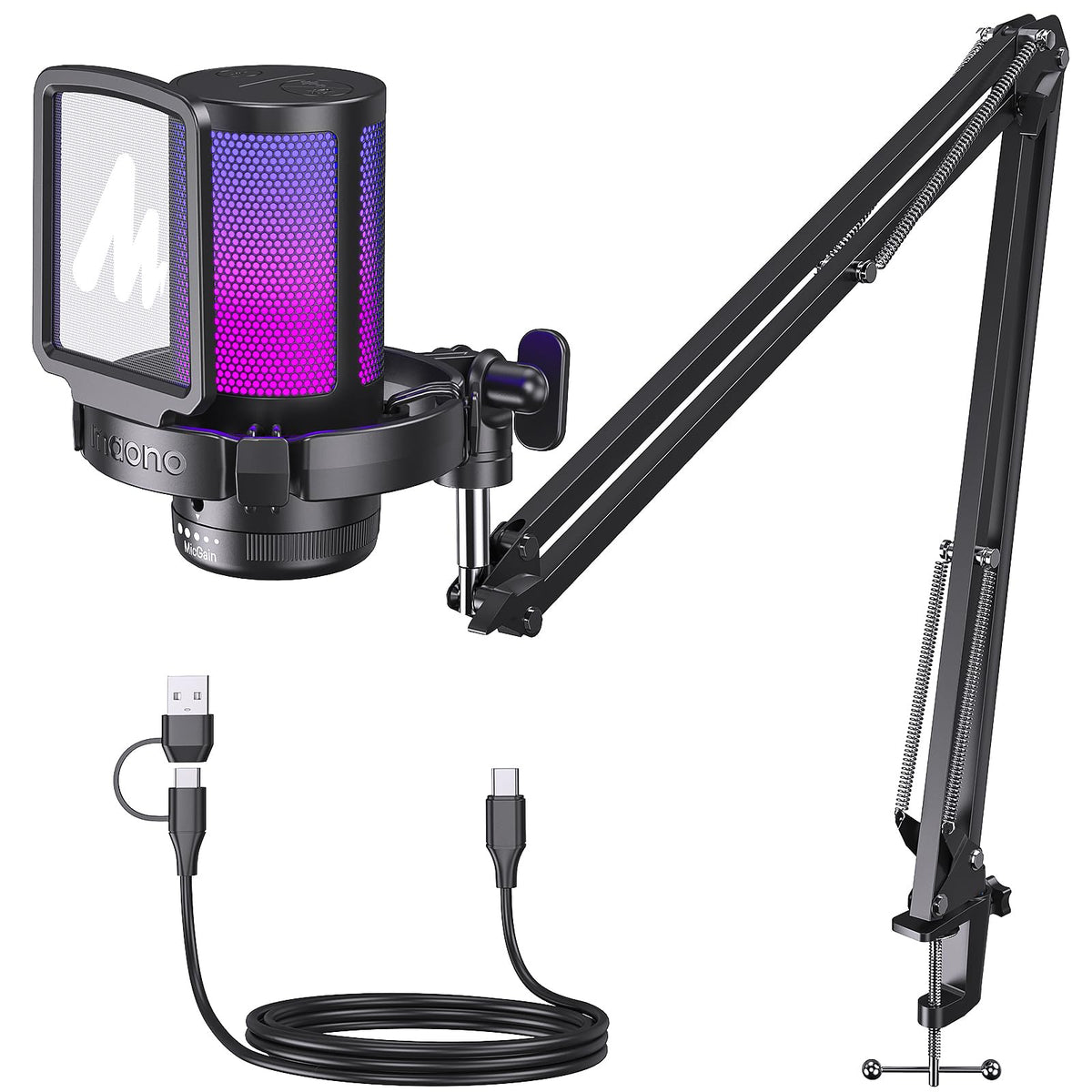 Maono Gaming Usb Microphone, Noise Cancellation Condenser Mic With Mute, Gain, Monitoring, Boom Arm For Streaming, Podcast, Twit