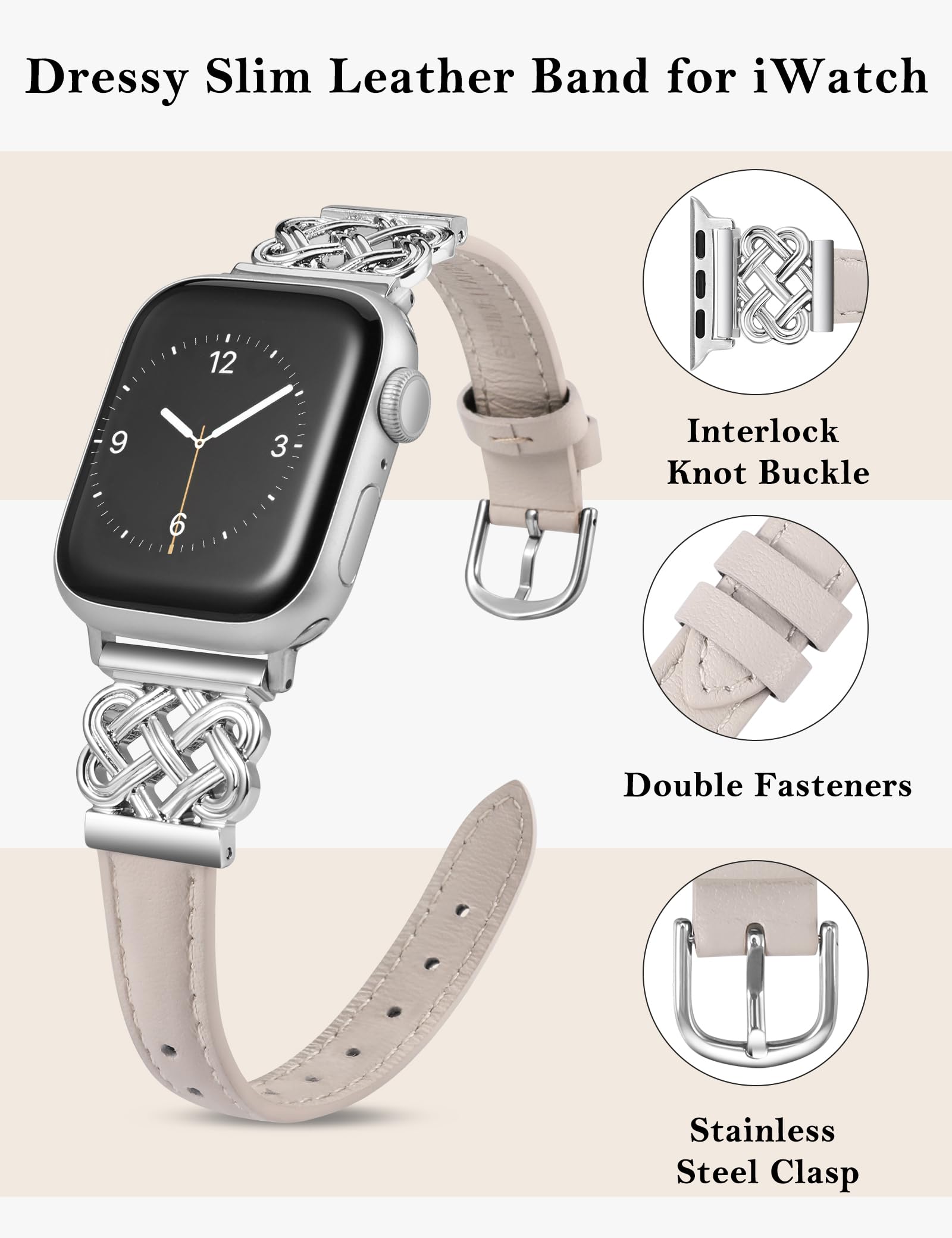 Toyouths Leather Band Compatible With Apple Watch Bands Women 38/40/41/42Mm Dressy Slim Thin Leather Strap With Designer Interlo
