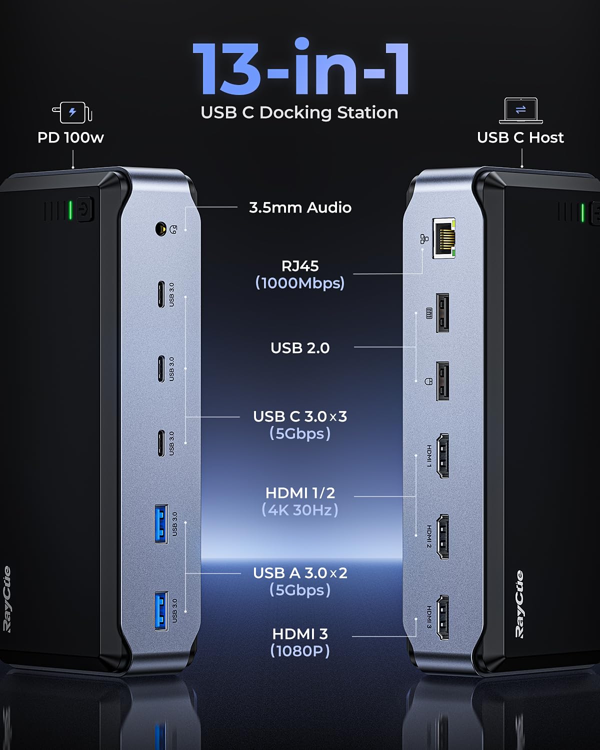 Usb C Docking Station Dual Monitor For Macbook Pro/Air, 13 In 1 Triple 4K Display Laptop Usb C Hub, Type C Dock With 3 * 4K Hdmi