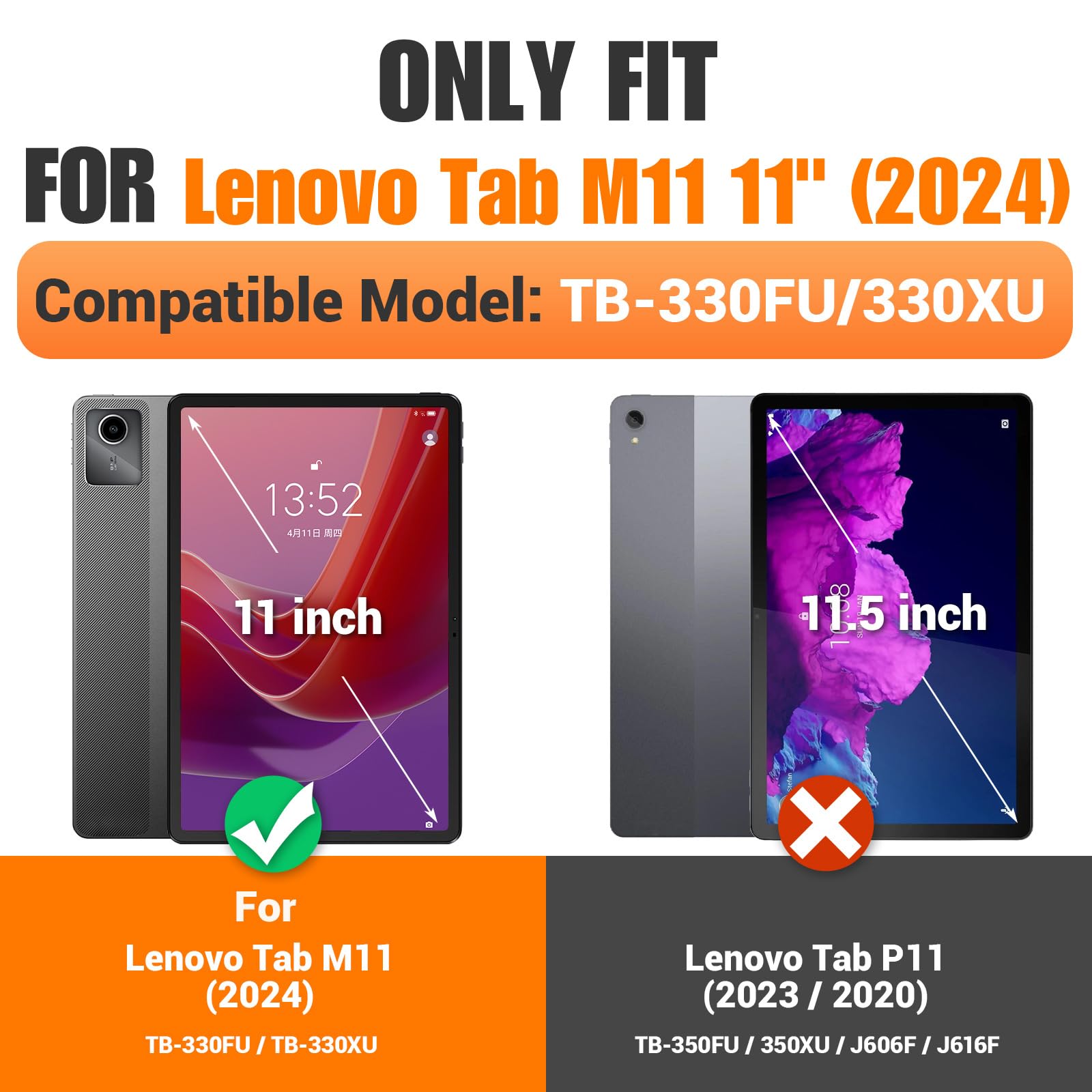 Seymac Stock Case For Lenovo Tab M11 (Tb 330Fu/330Xu) 11'' Case With Screen Protector, Drop Proof Protection With 360 Rotate Sta