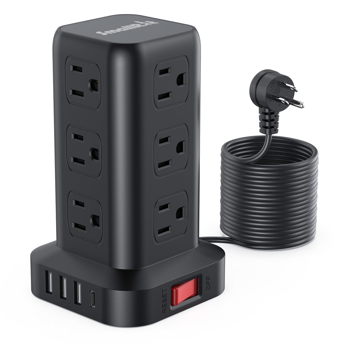 15Ft Usb C Power Strip Surge Protector Tower, Mini Power Strip Tower Travel 12 Ac 4 Usb Power Strip With Usb Ports, Overload Protection For Home Office