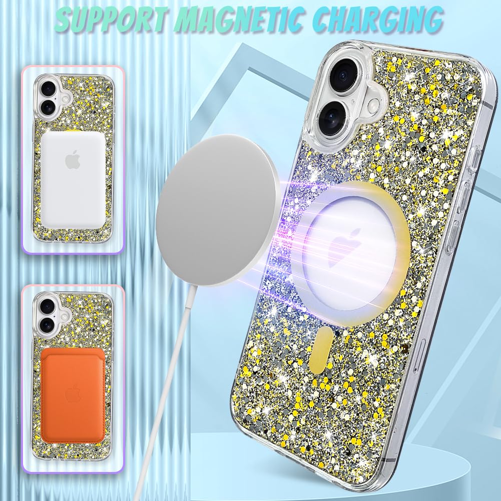 Bonoma For Iphone 16 Plus Case, Gold Glitter Bling Back, Magnetic Support For Magsafe Shockproof Case, Crystal And Clear High Du