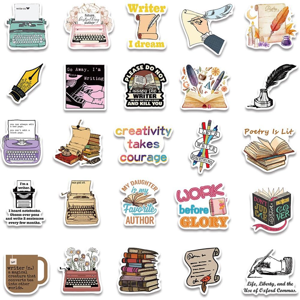 Writer Stickers |50Pcs Author Waterproof Vinyl Decals For Water Bottles Laptop Luggage Cup Mobile Phone Computer Skateboard Refr