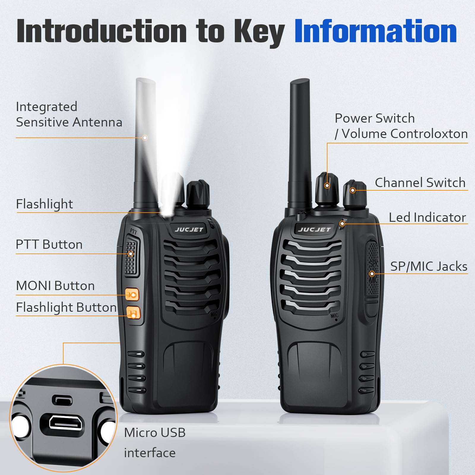 Jucjet H888S (4 Pack) Walkie Talkies Handheld Two Way Radio With Original Earpieces, 2 Way Radios Uhf Handheld Transceiver Walky