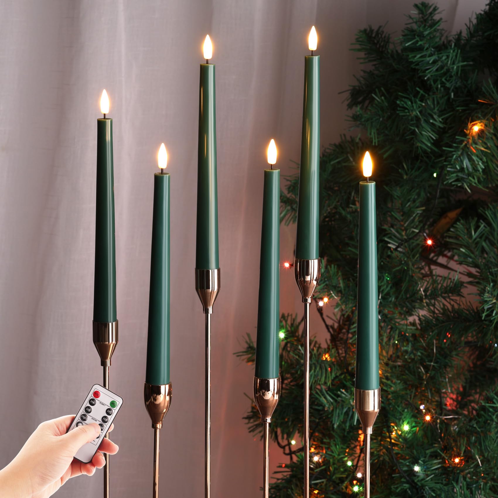 Eywamage Green Flameless Taper Candles with Remote, Flickering Battery Operated LED Wax Candlesticks Set of 6