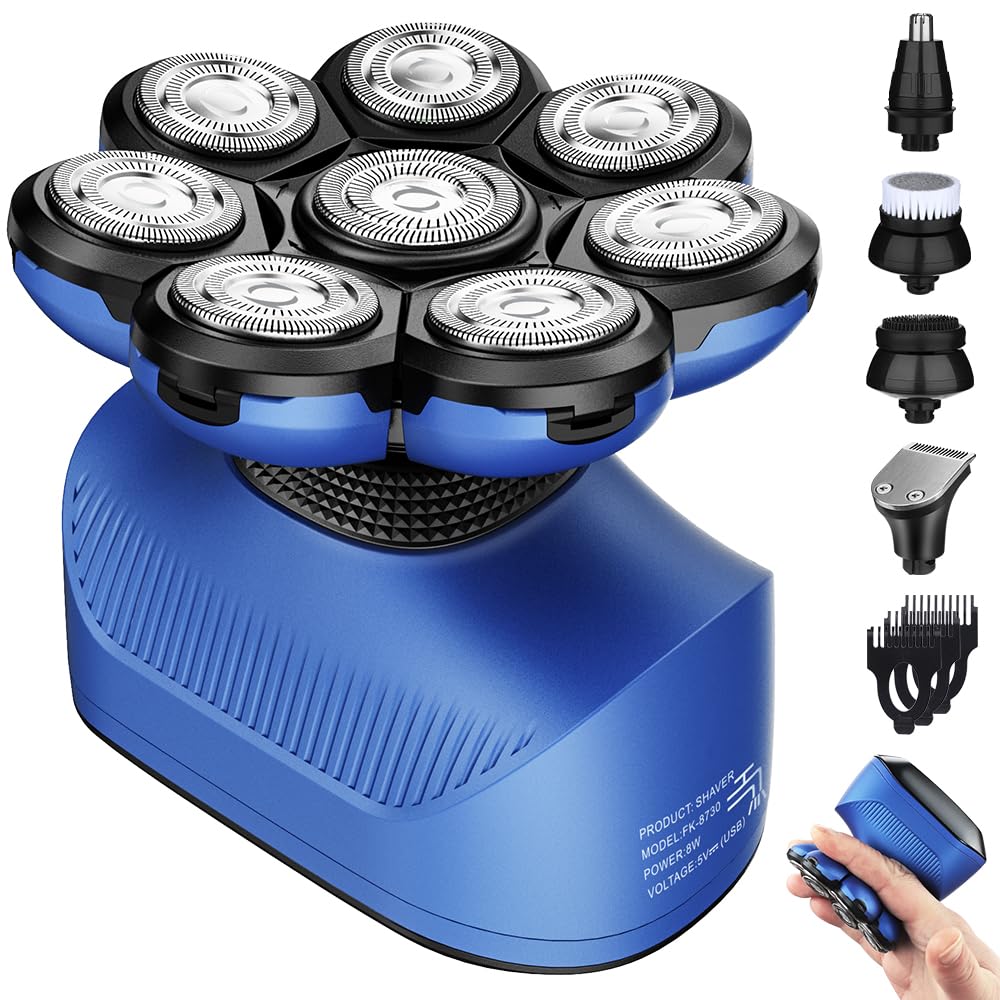 Electric Head Shaver, 8D Bald Head Shaver For Men Cordless Rechargeable Rotary Shaver With Clipper Nose Trimmer Brush Massager A