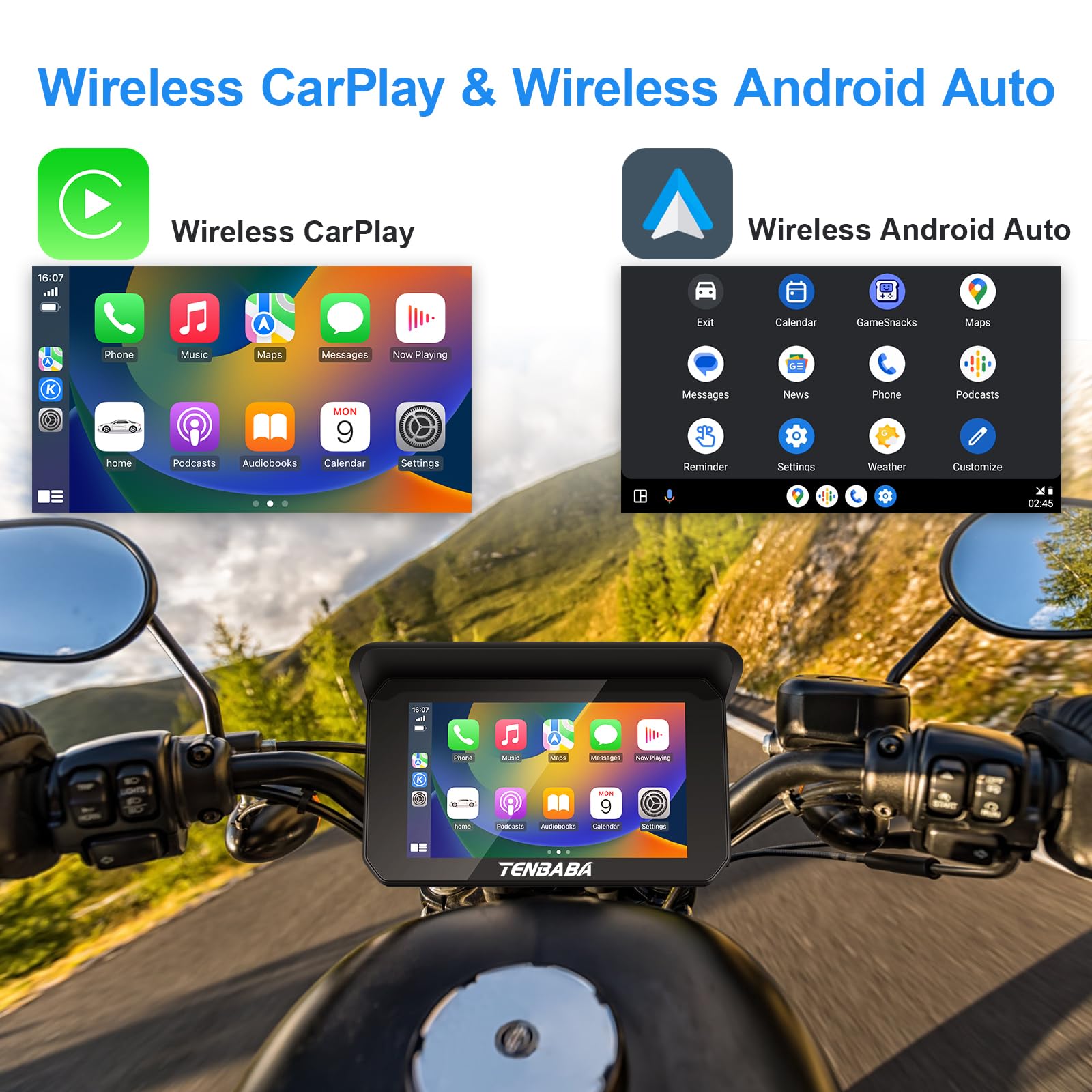Tenbaba Portable Wireless Apple Carplay/Android Auto For Motorcycle, 5'' Motorcycle Waterproof Gps Navigation, Apple Carplay For