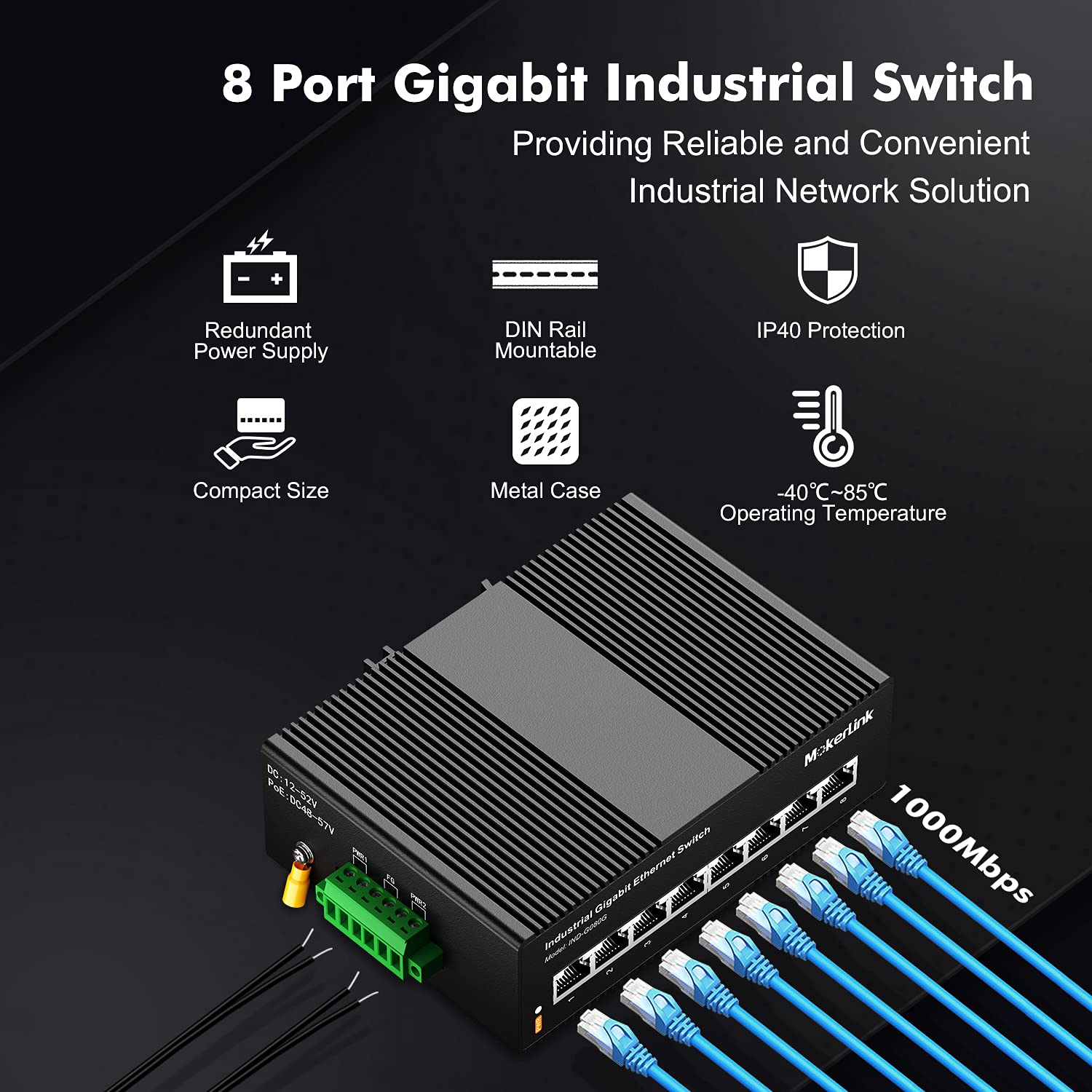 Mokerlink 8 Port Gigabit Industrial Din Rail Ethernet Switch, 16Gbps Switching Capacity, Ip40 Rated Network Switch ( 40 To 185F)