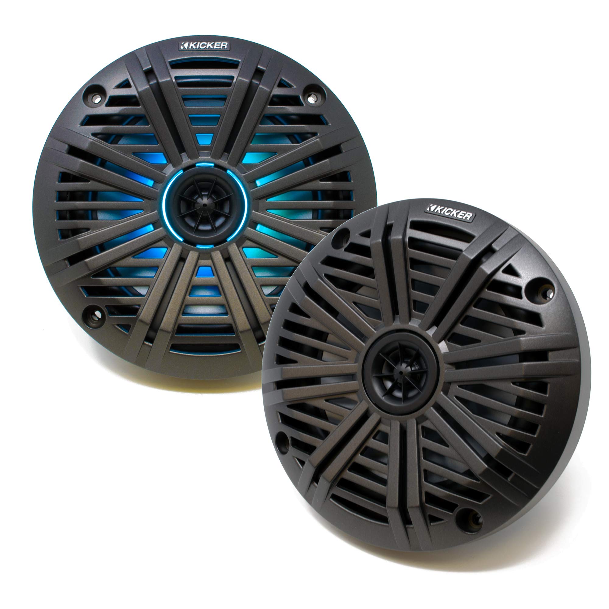 KICKER KM614L LED 6.5 OEM Replacement Marine Speakers with Charcoal Salt Water Grills - 1 Pair, 2 Speakers