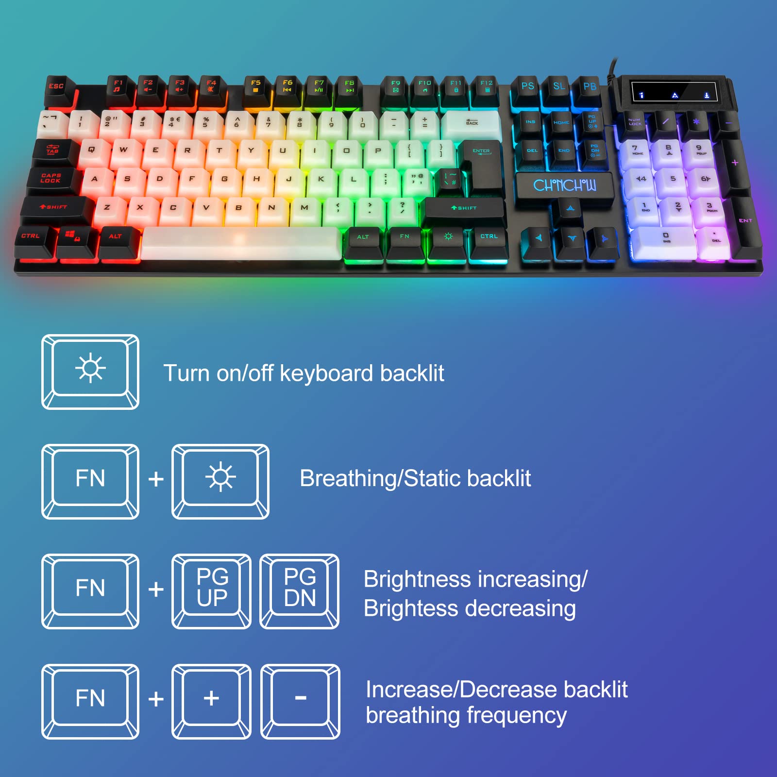 Chonchow Usb Wired Keyboad And Mouse Combo, Full Size Rainbow Led Light Up Backlit Color Gamer Keyboard And Mouse Set, Mouse And