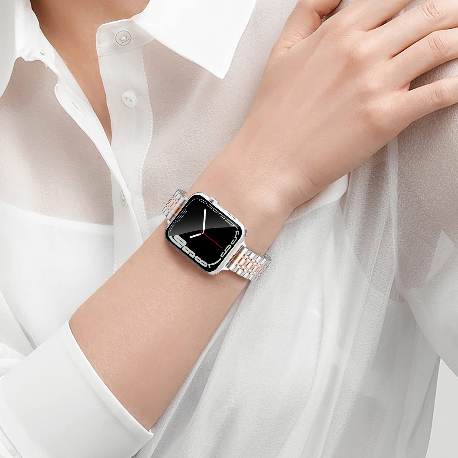 Aicumuza Slim Metal Watch Bands Compatible With Apple Watch 45Mm 42Mm 44Mm 49Mm, Thin Stainless Steel Link For Women Iwatch Seri