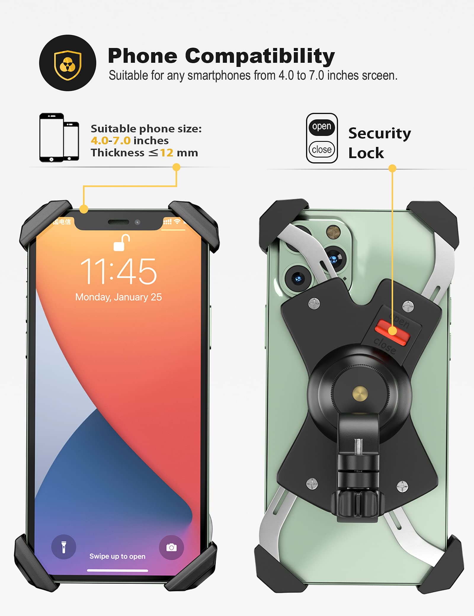 Grefay Bike Phone Mount Metal Motorcycle Handlebar Phone Holder Scooter Phone Clamp For 4.0-7.0 Inch Smartphone With 360 Rotatio