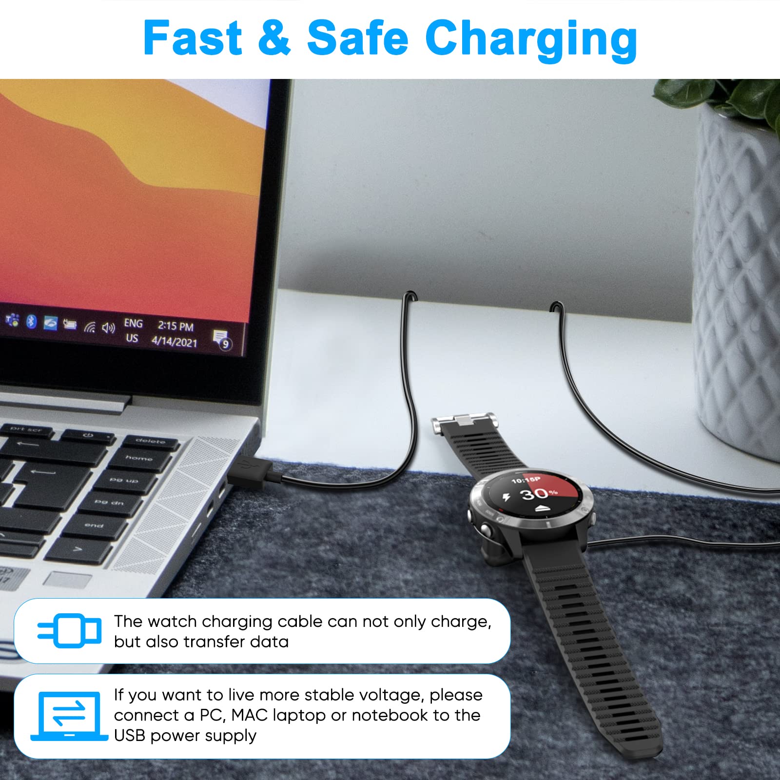 2 Pack Charging Cable Charger For Garmin Watch Fenix 7 7S 7X 6 6S 6X 5 5S, Forerunner 245 945, Instinct 2 2S, Vivoactive 4 4S 3, Vivosmart 5, 3.3Ft/1M Upgraded Lay Flat Charging Cord For Garmin Watch