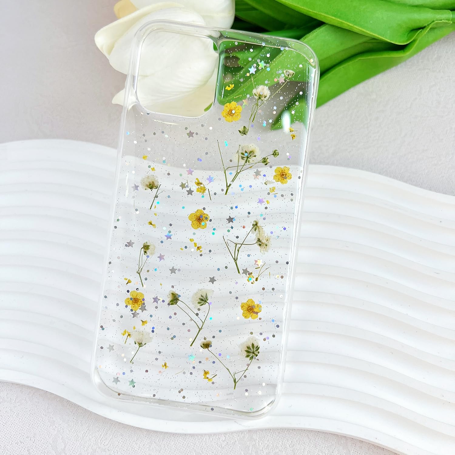 Lseeka For Iphone 11 Clear Case With Pressed Real Flowers Design,Glitter Cute Yellow Floral Pattern Slim Soft Tpu Protective Wom